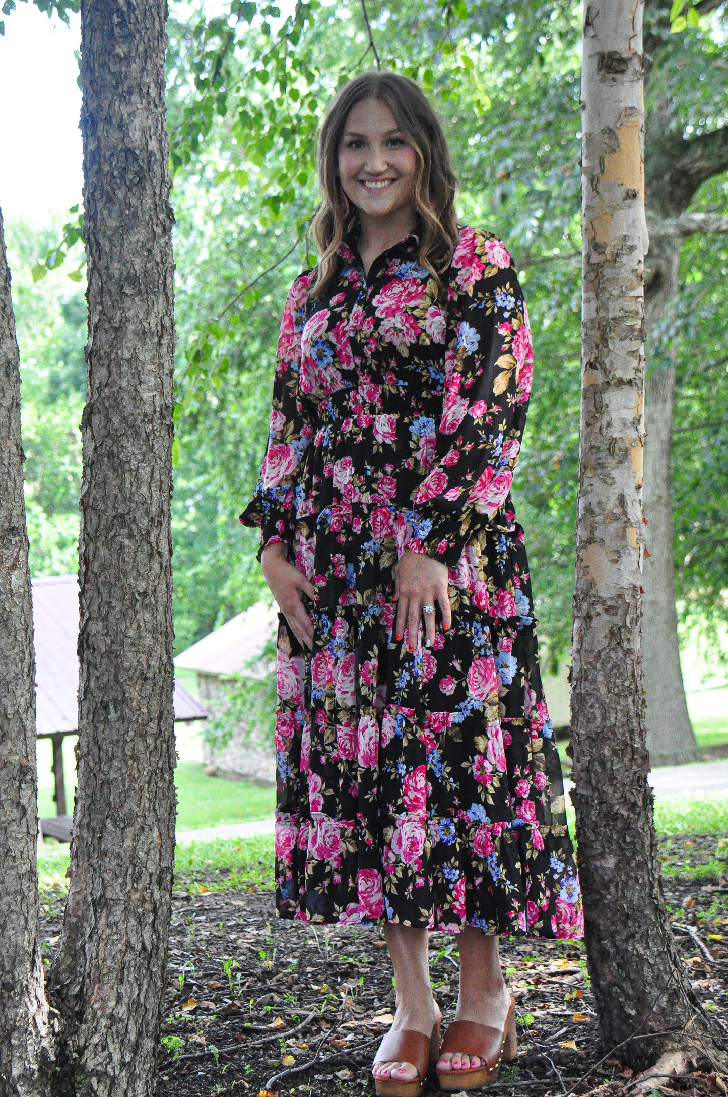 Button Up Black Floral Dress