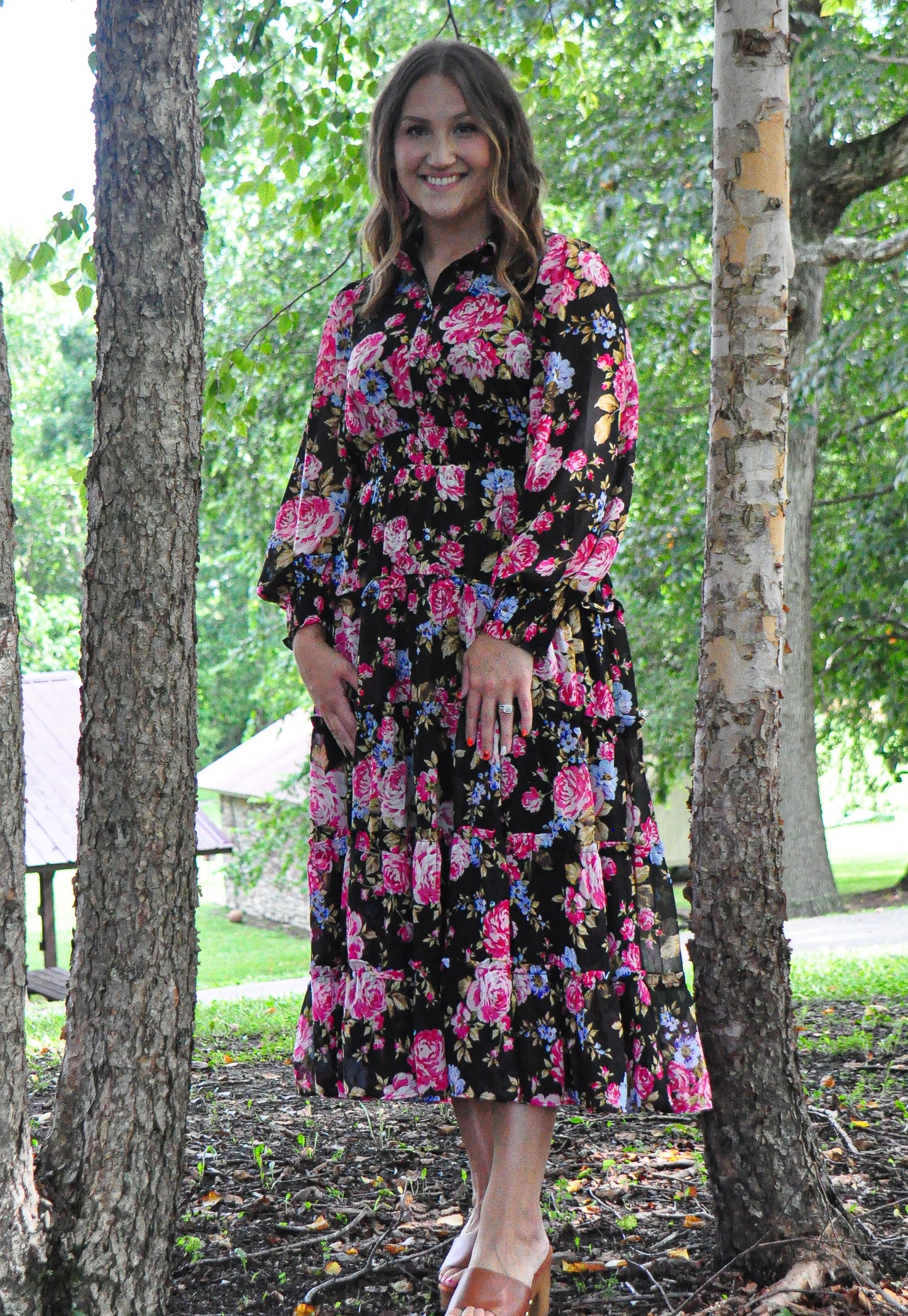Button Up Black Floral Dress