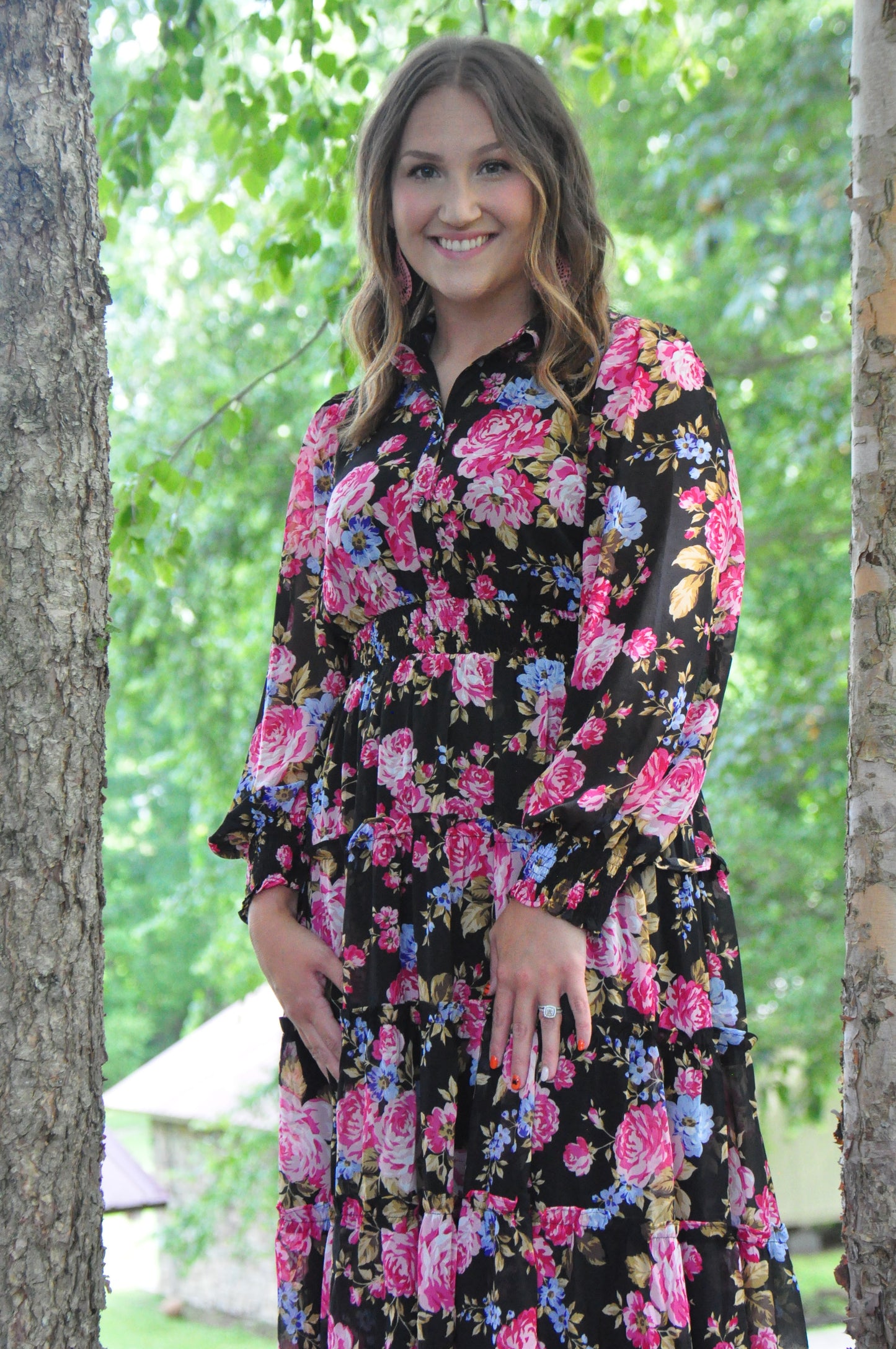 Button Up Black Floral Dress