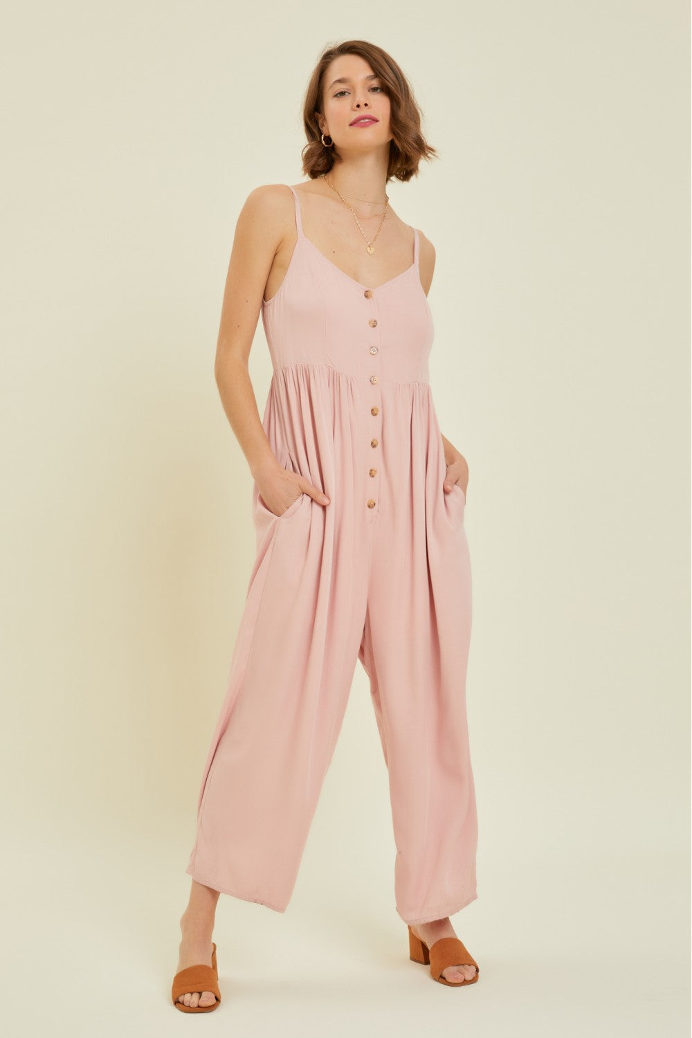 Button Down Wide Leg Jumpsuit