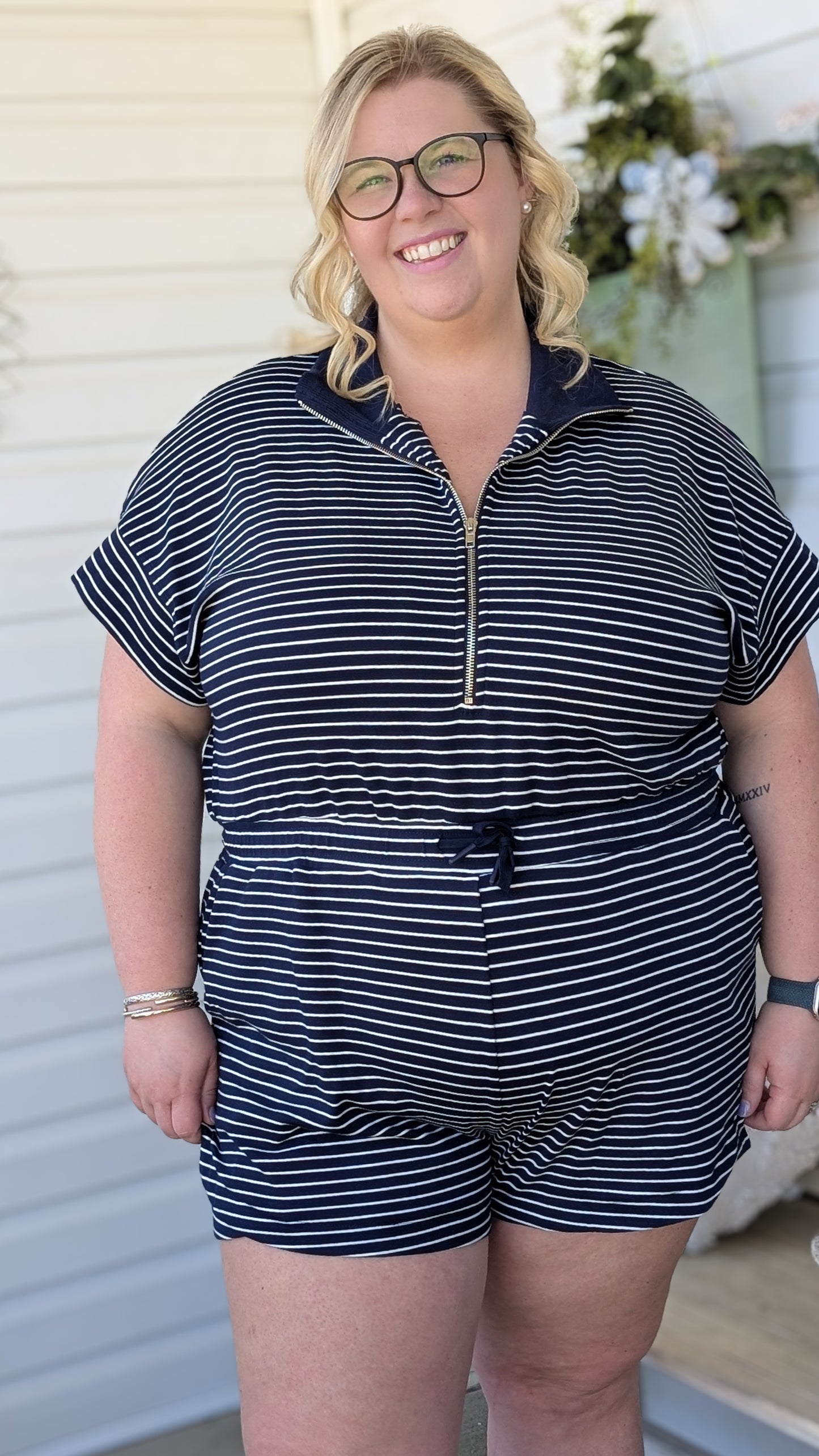 Knit Half Zip Striped Romper