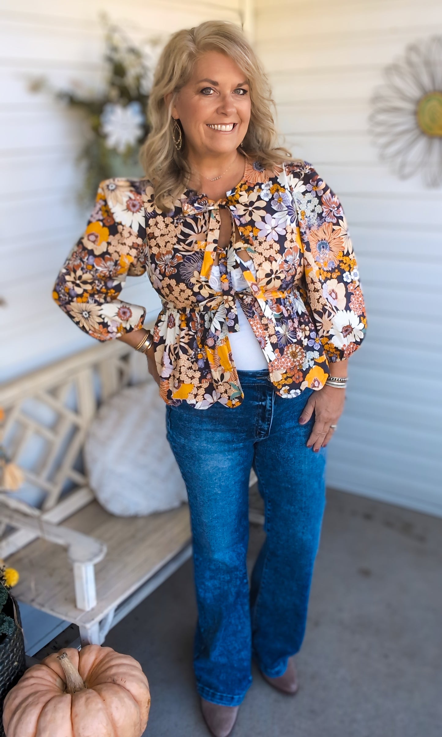 Floral Print Tie Front Puff Sleeve Babydoll Blouse