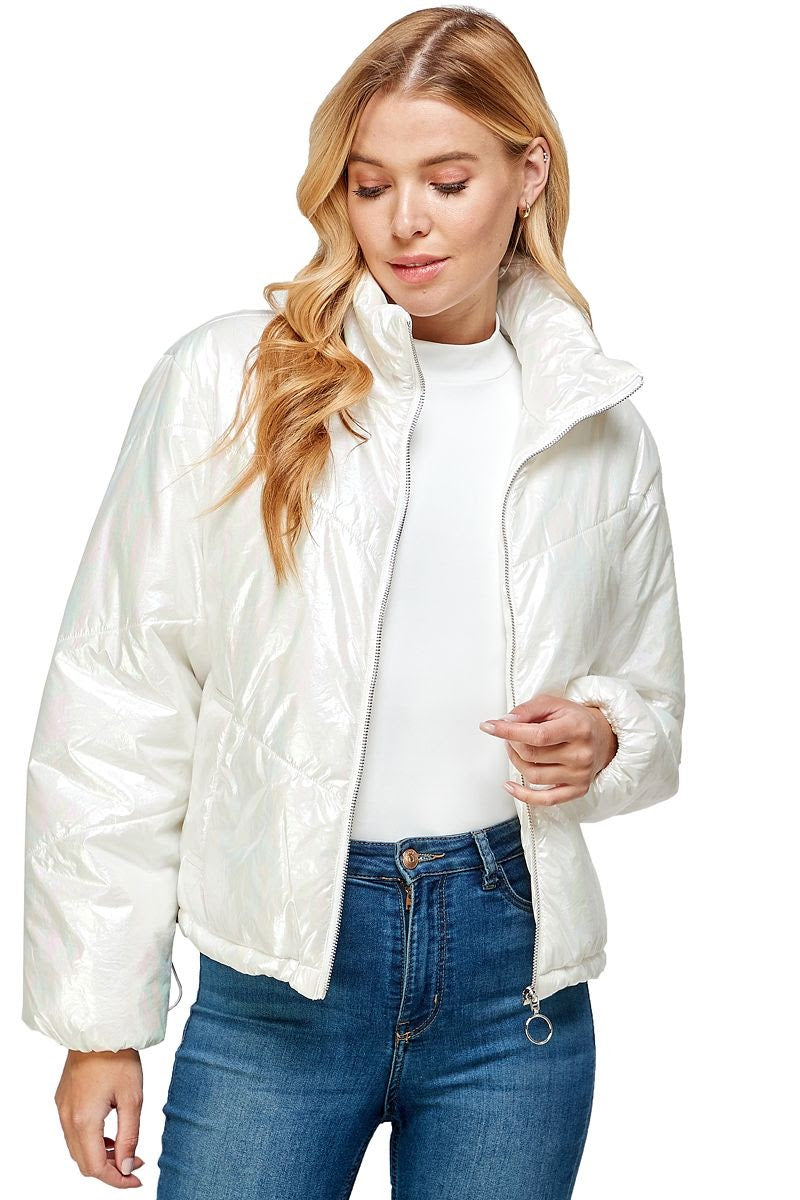White Metallic Puff Jacket