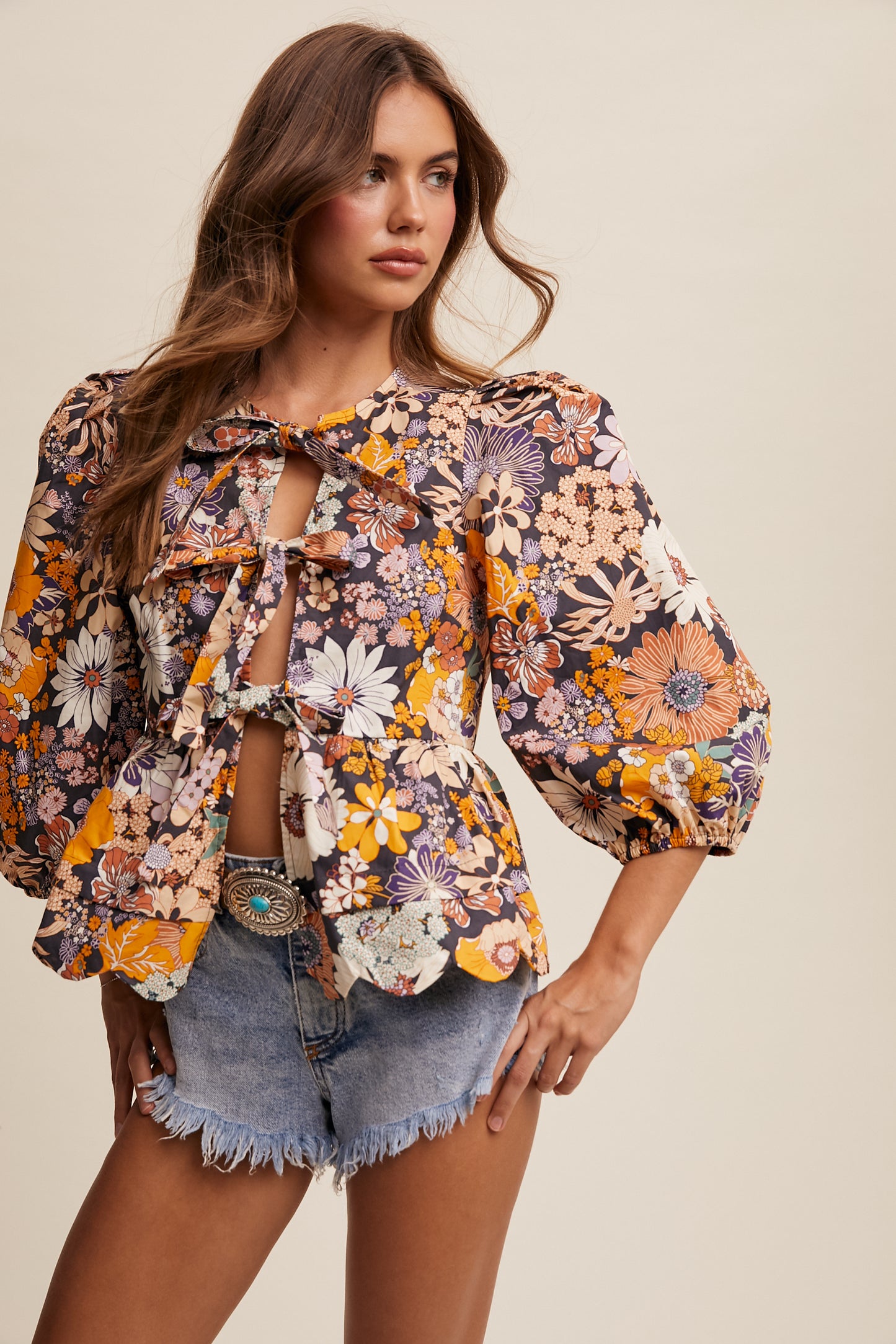 Floral Print Tie Front Puff Sleeve Babydoll Blouse