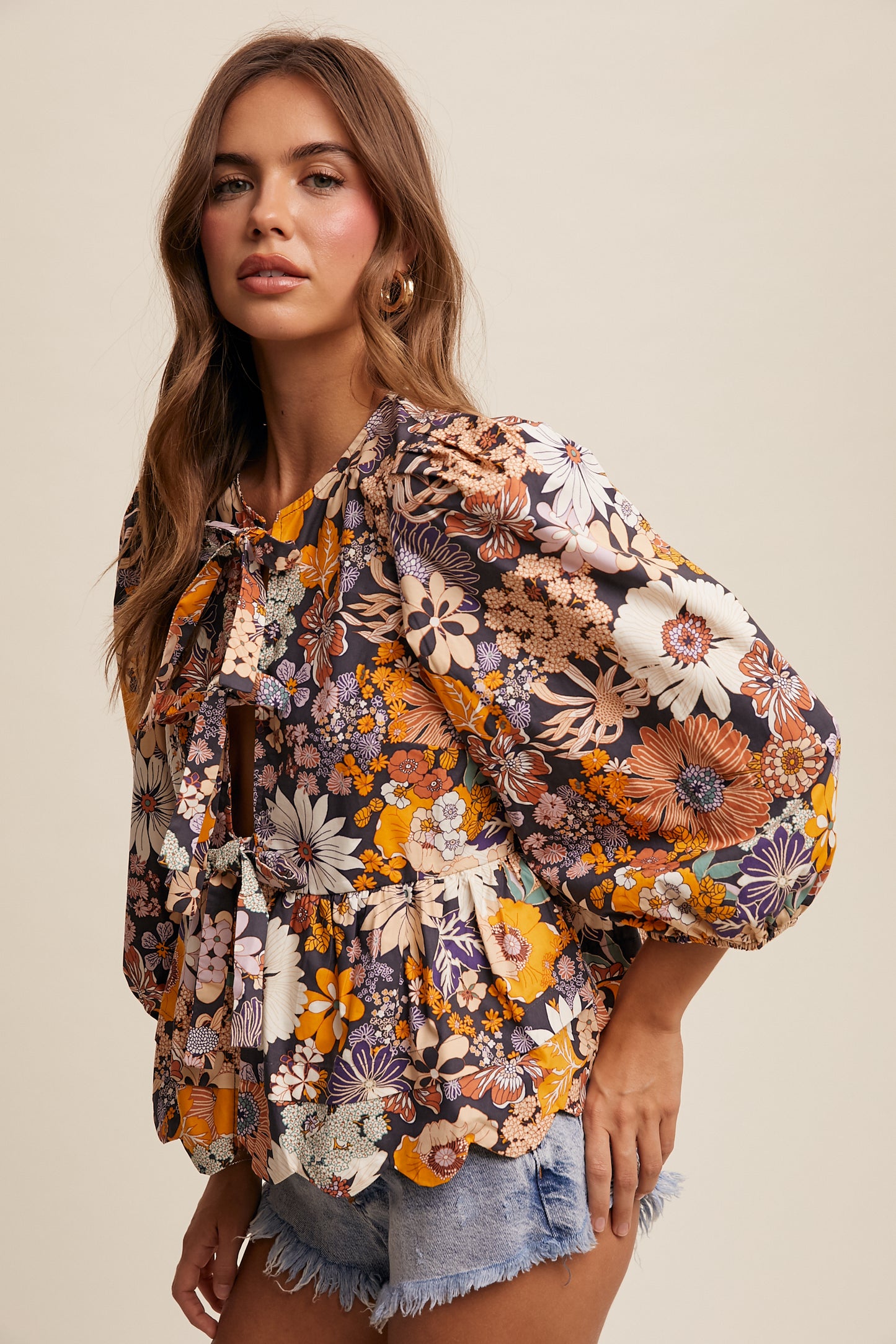 Floral Print Tie Front Puff Sleeve Babydoll Blouse