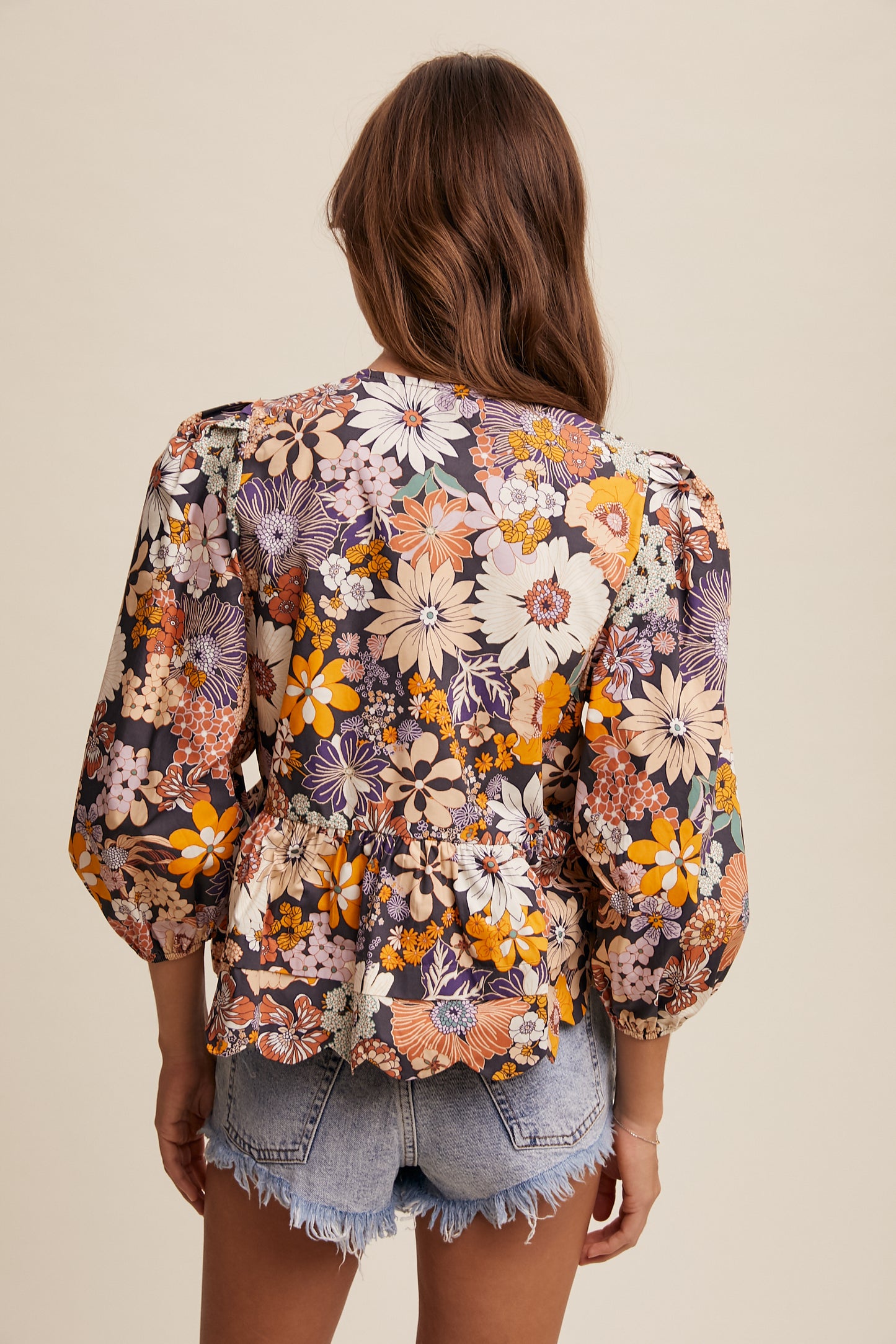 Floral Print Tie Front Puff Sleeve Babydoll Blouse