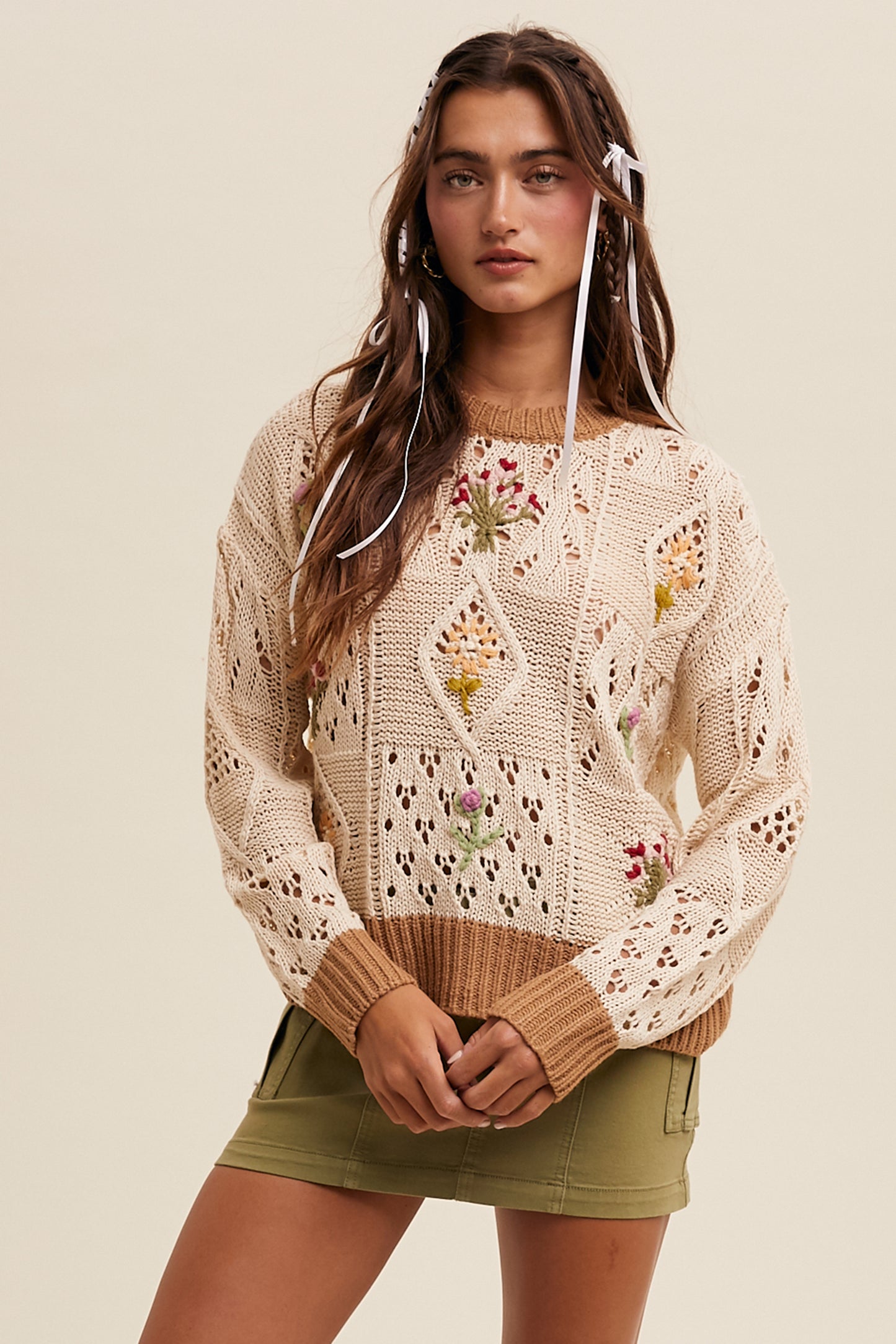 Floral Embroidered Crew Neck Sweater