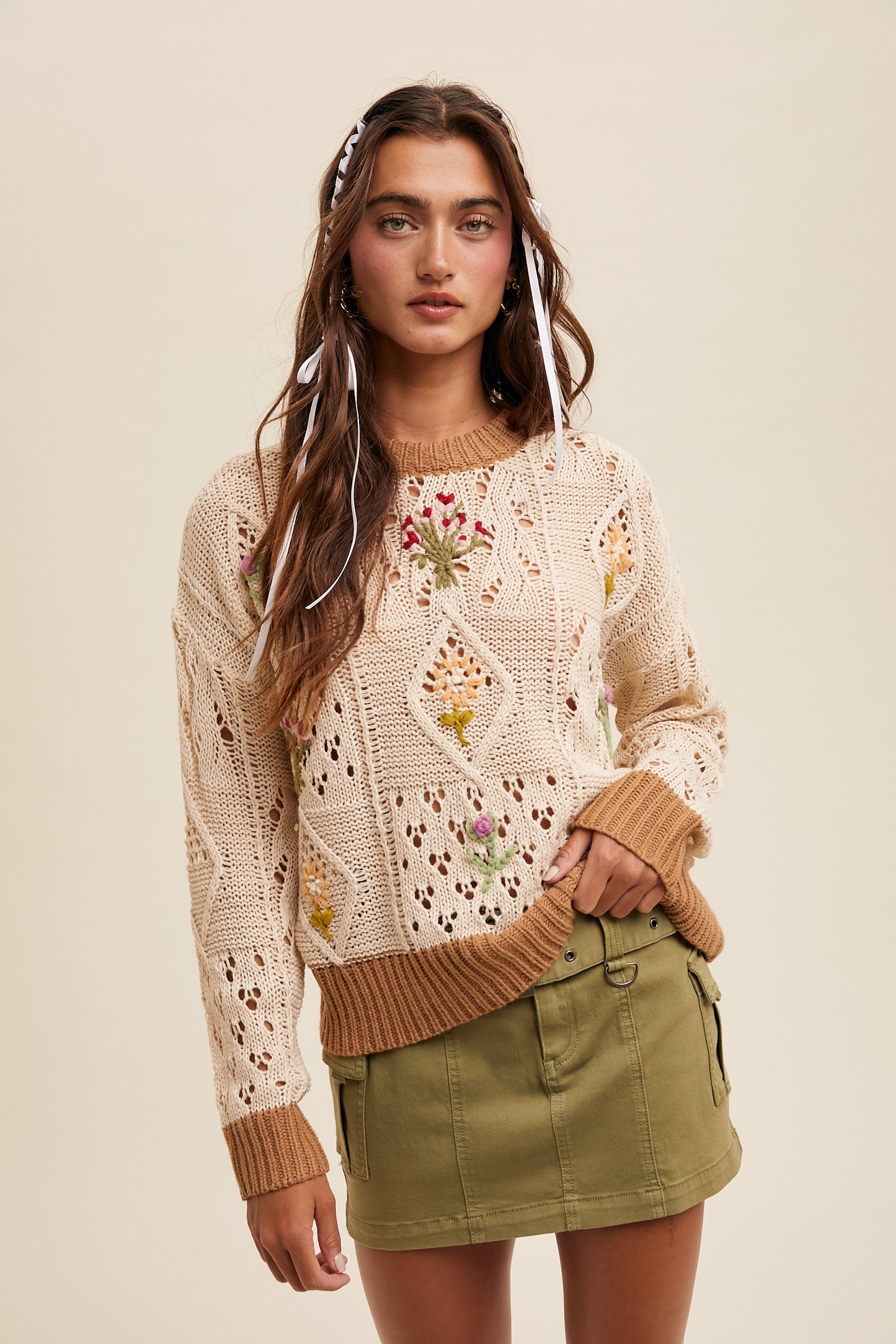 Floral Embroidered Crew Neck Sweater