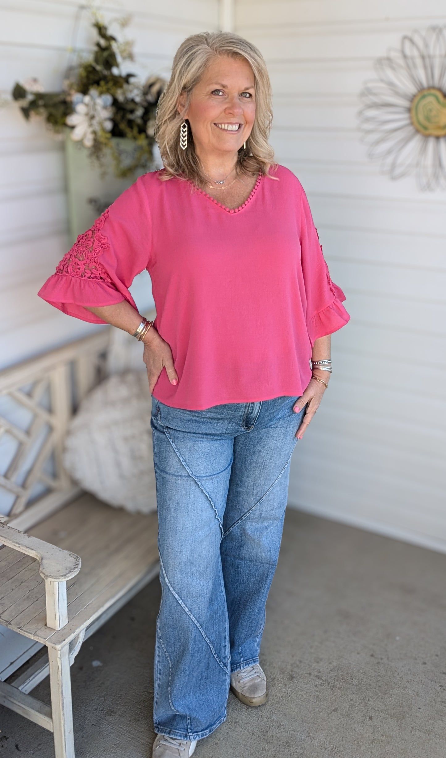Bright Pink Ruffle Sleeve Top