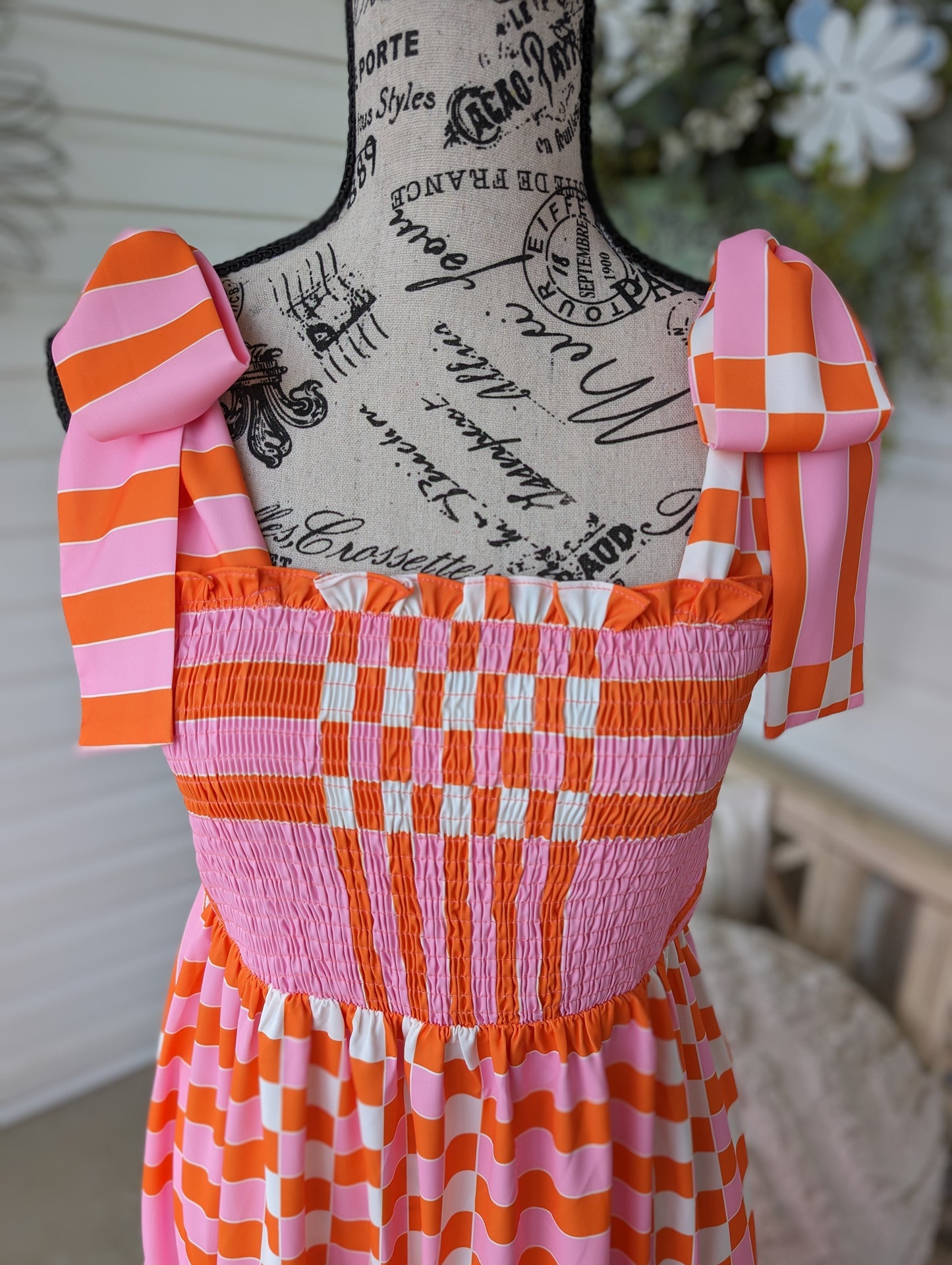 Pink and orange checkered maxi dress