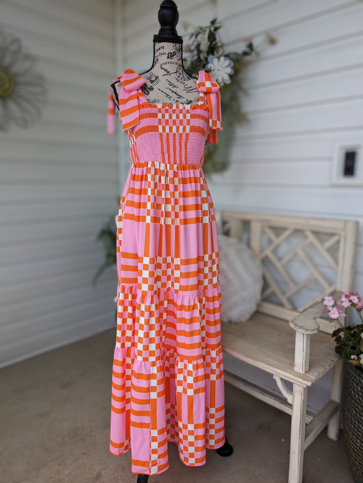 Pink and orange checkered maxi dress