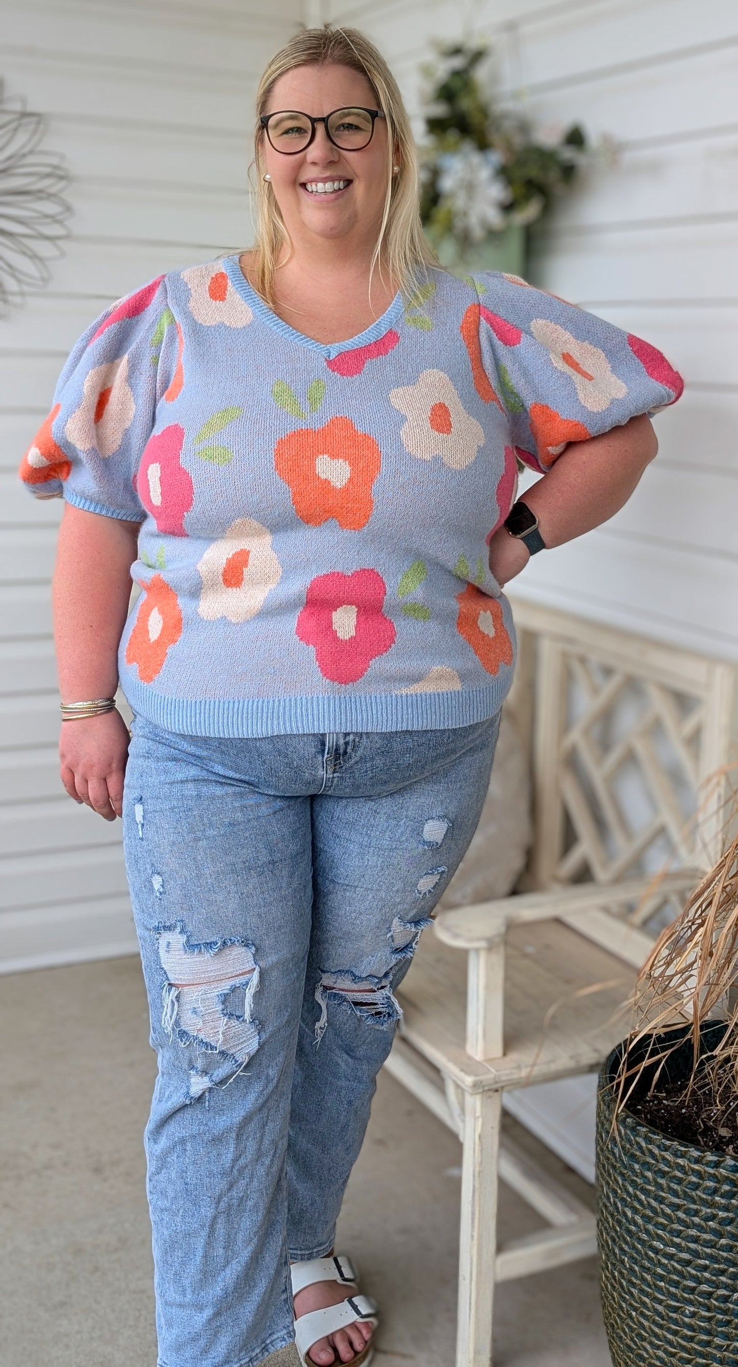 Floral Pattern Puff Sleeve Sweater