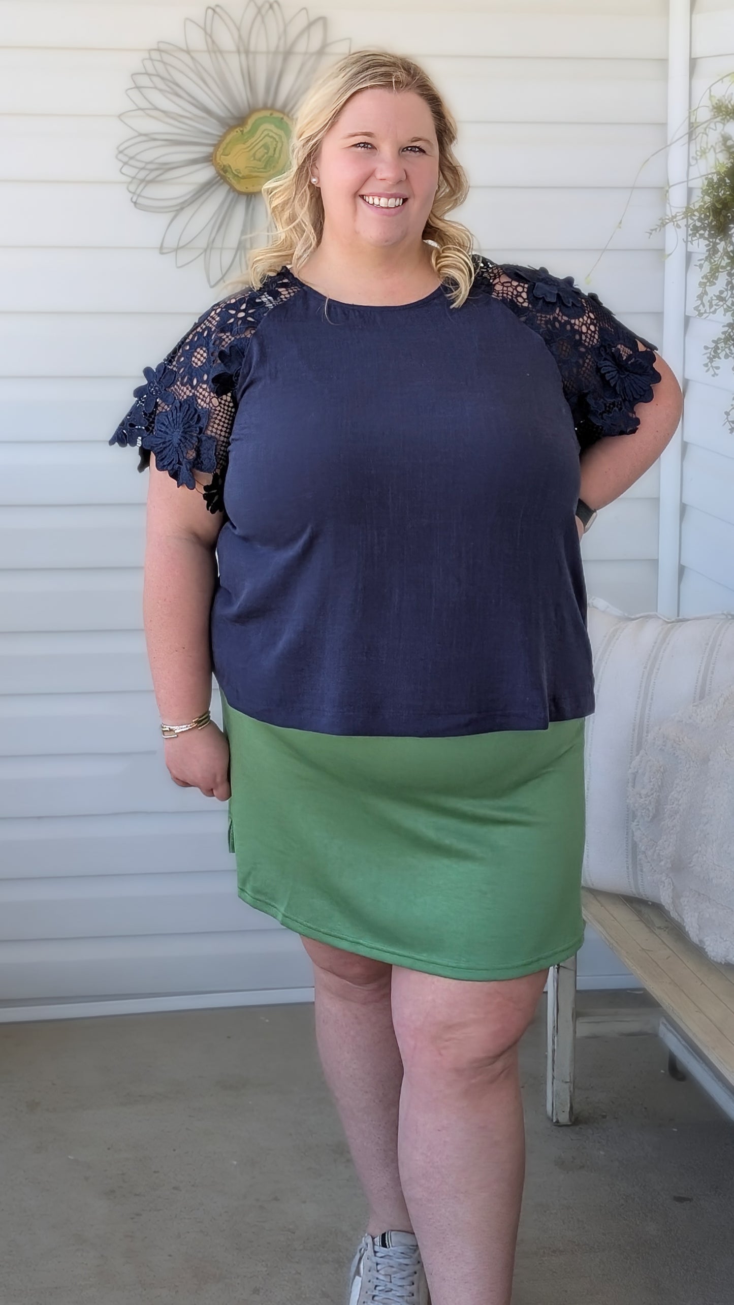 Plus Size Navy Lace Sleeve Top