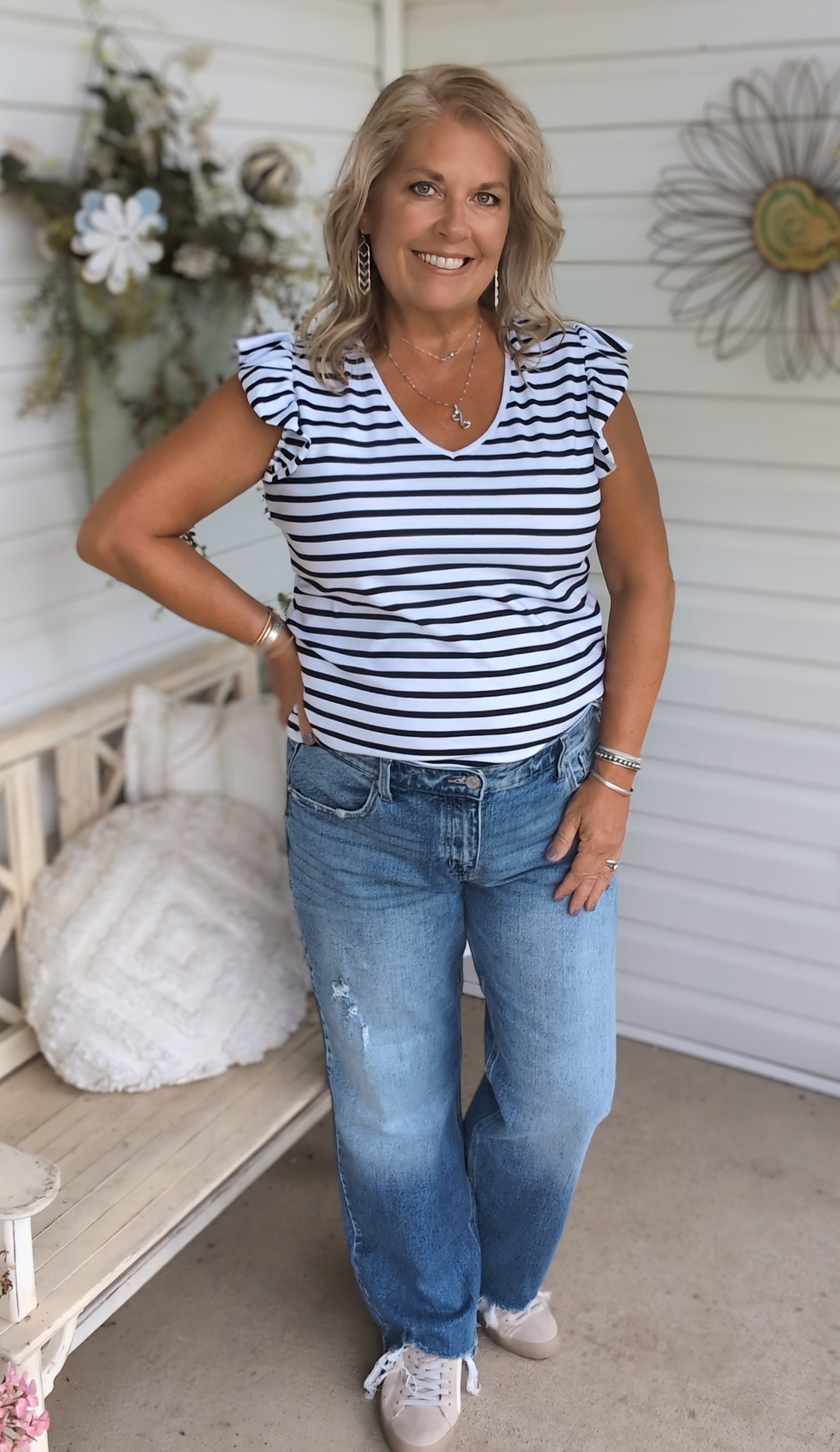 Ruffle sleeve tie back striped top