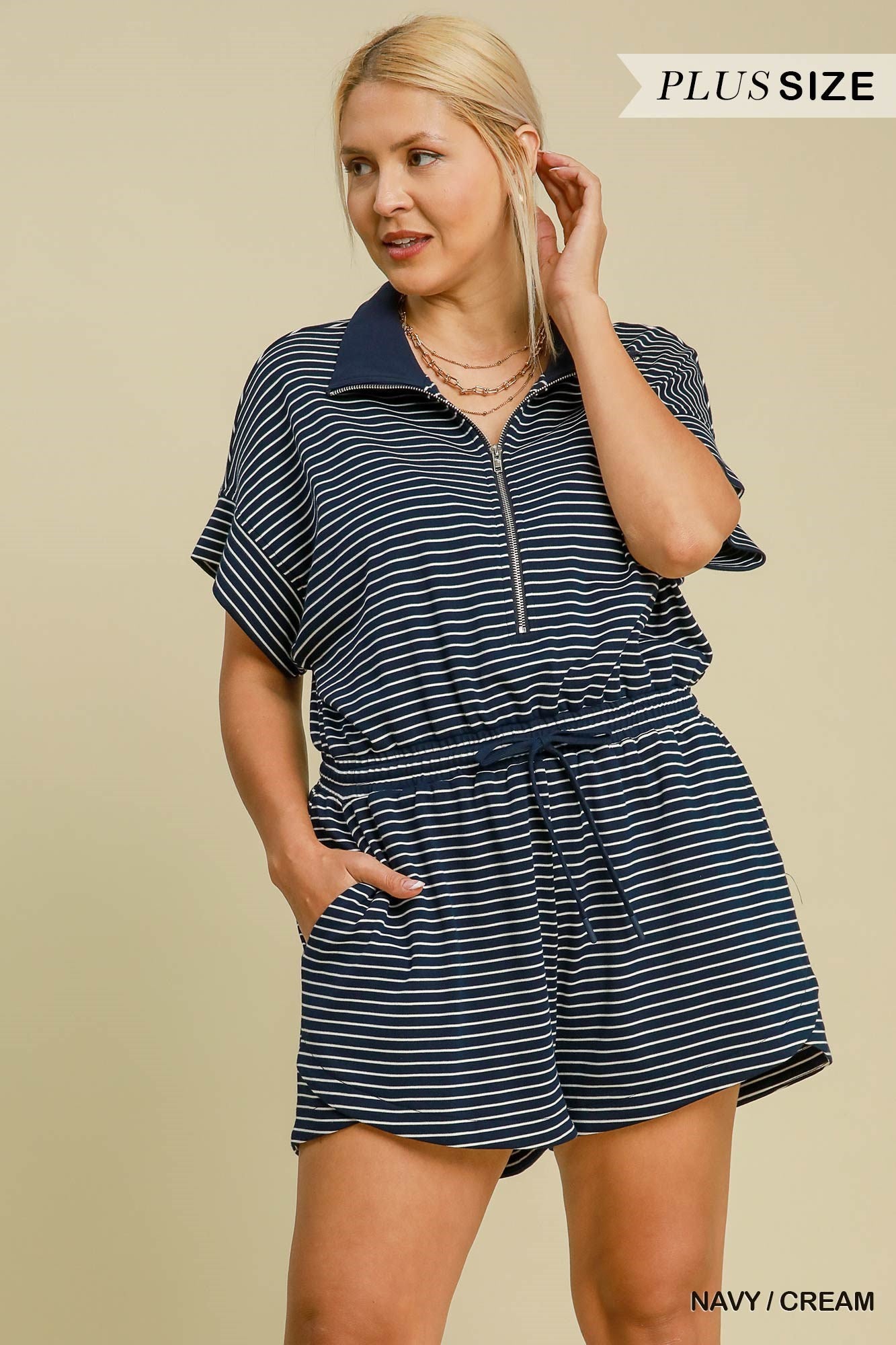 Knit Half Zip Striped Romper