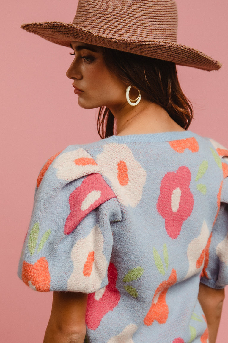 Floral Pattern Puff Sleeve Sweater