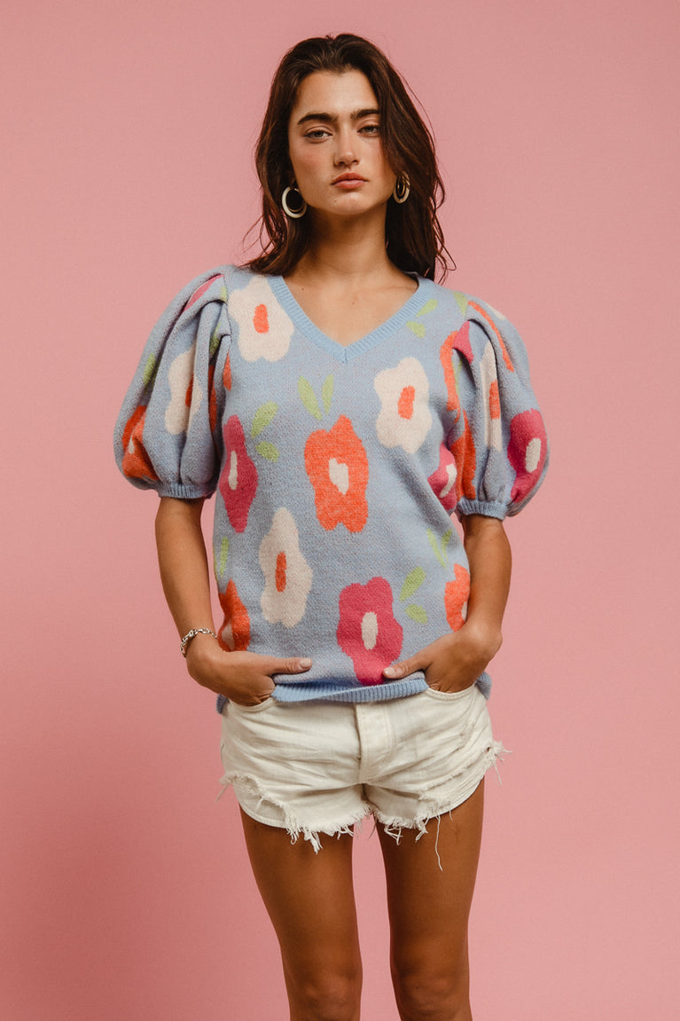 Floral Pattern Puff Sleeve Sweater