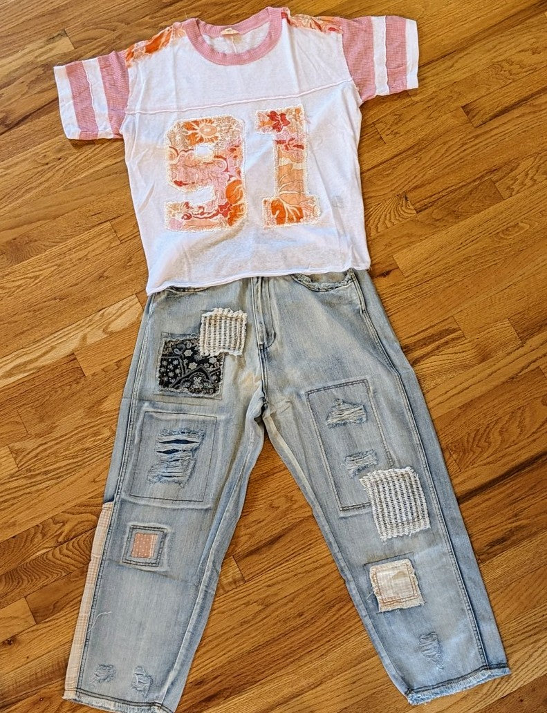 Patchwork Detail Ankle Length Denim Pants
