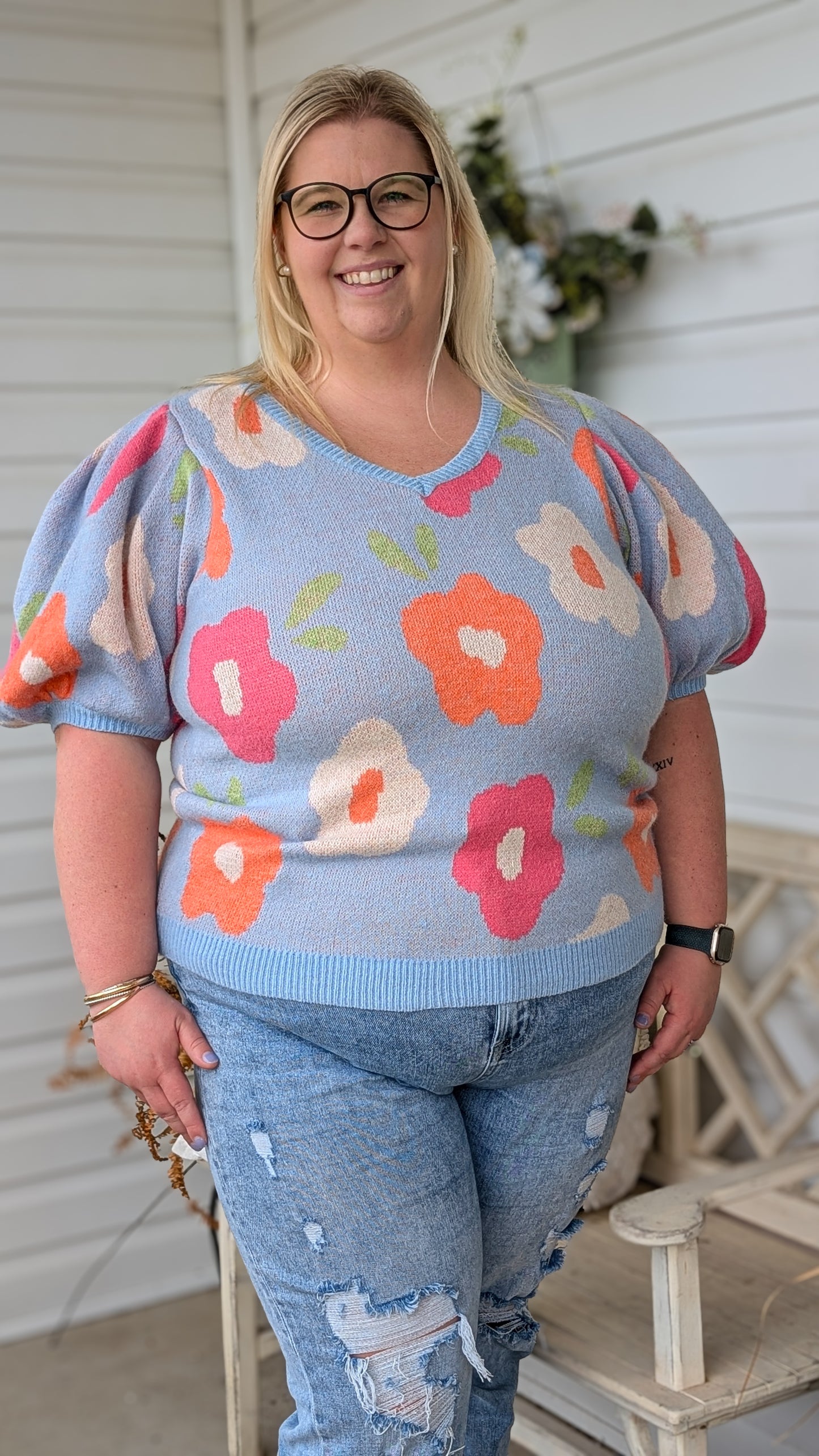 Floral Pattern Puff Sleeve Sweater