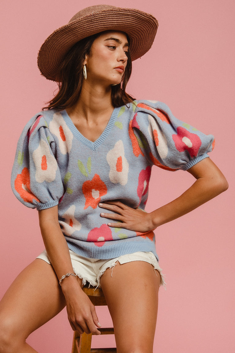 Floral Pattern Puff Sleeve Sweater