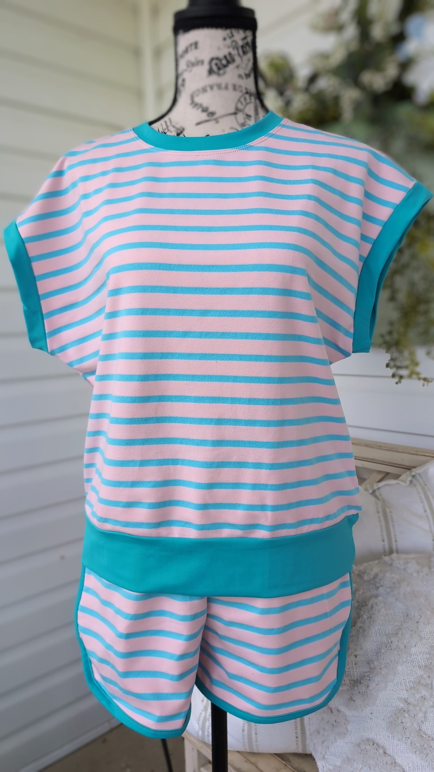 Pink and Teal striped short set