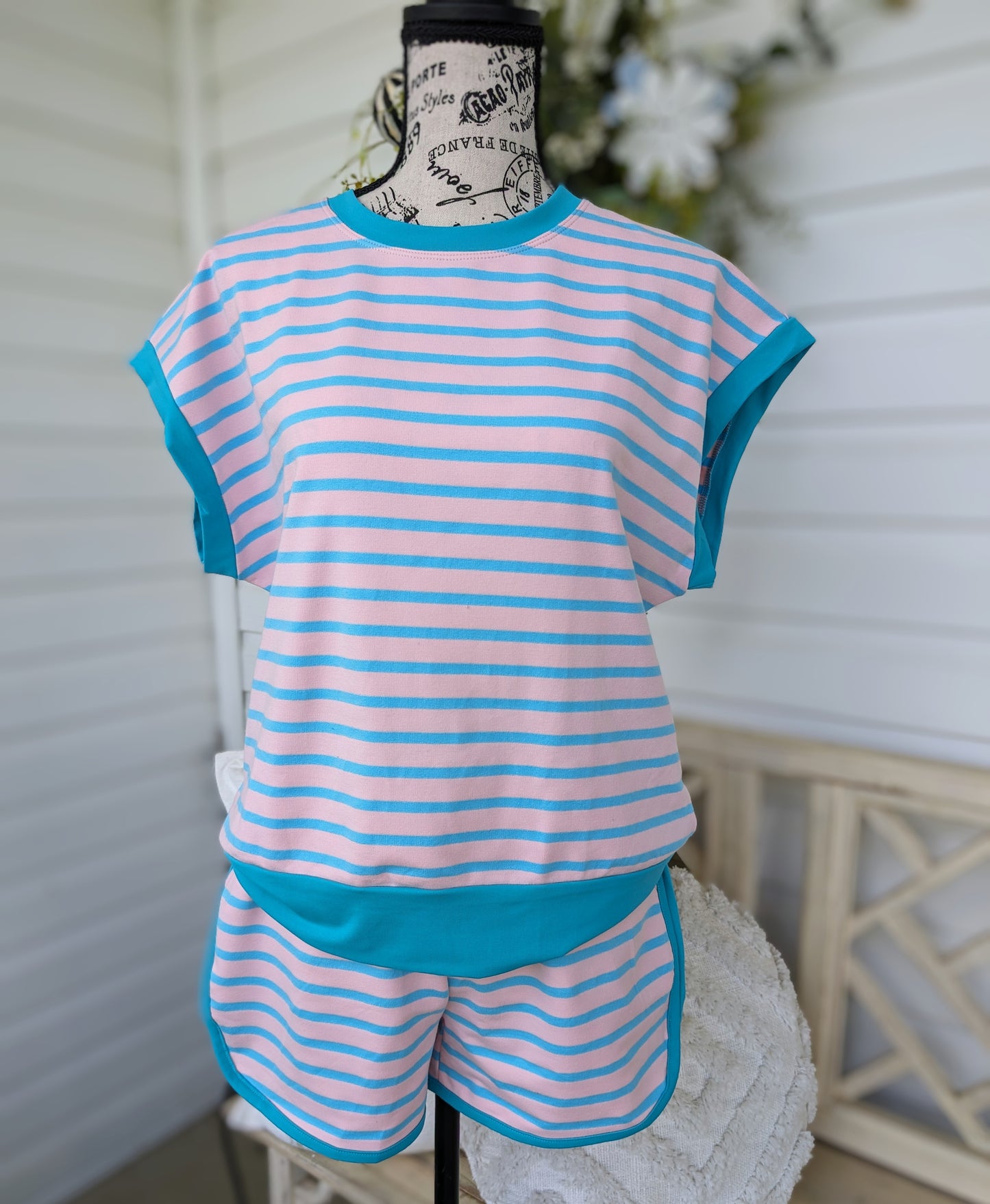 Pink and Teal striped short set