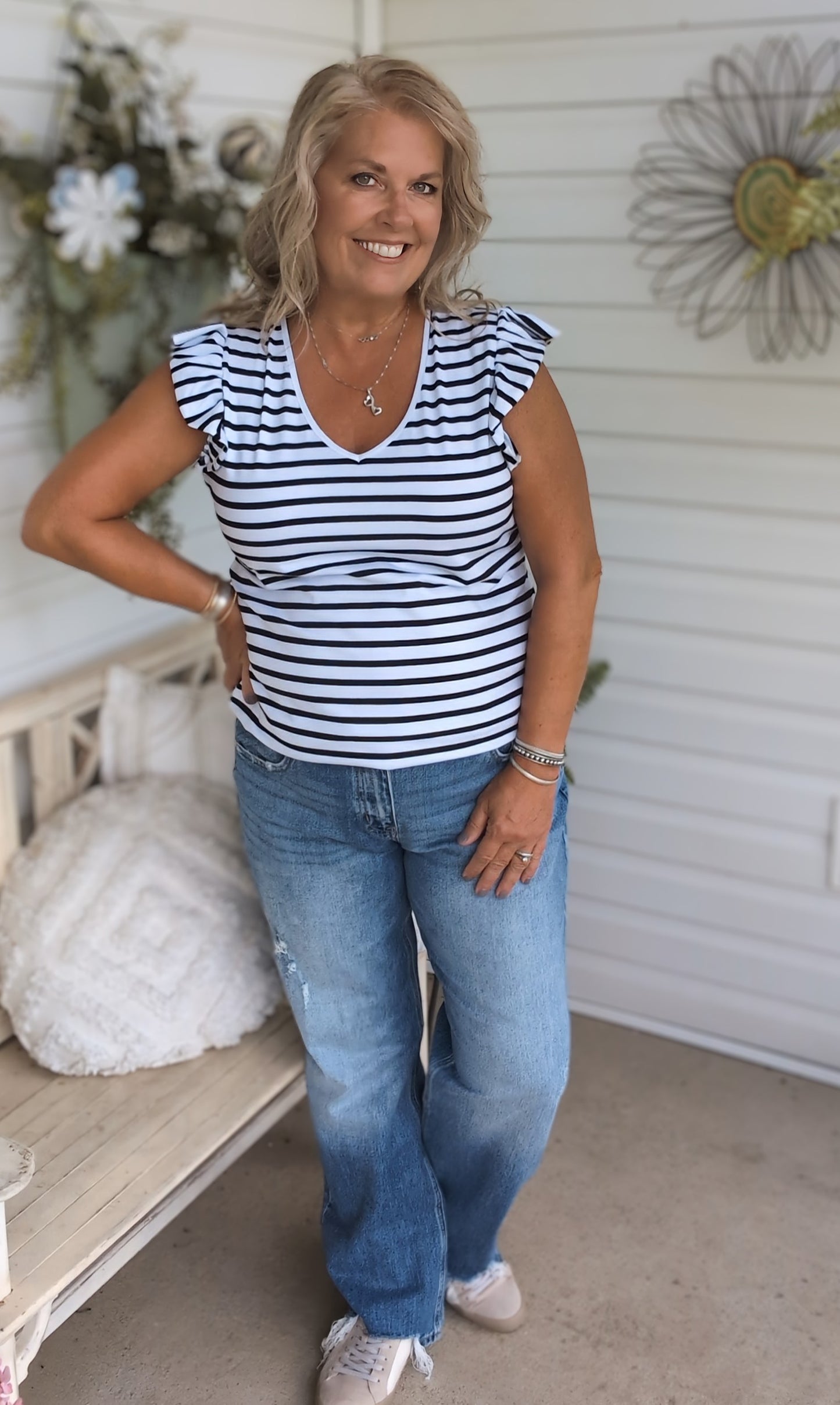 Ruffle sleeve tie back striped top