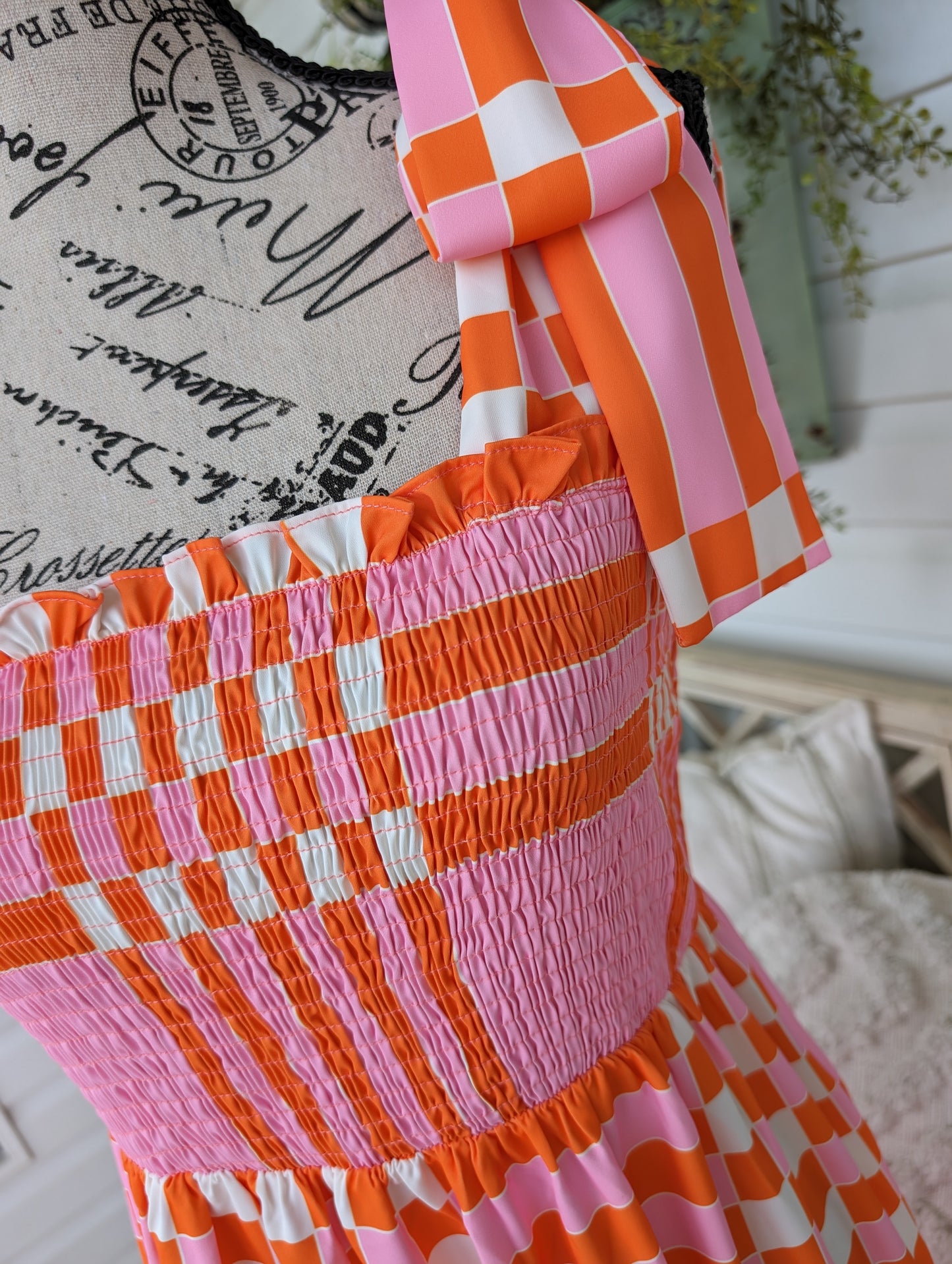 Pink and orange checkered maxi dress