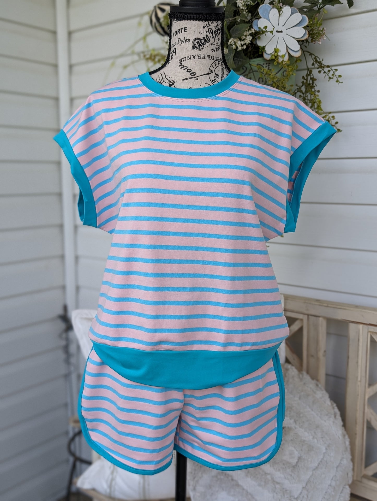 Pink and Teal striped short set