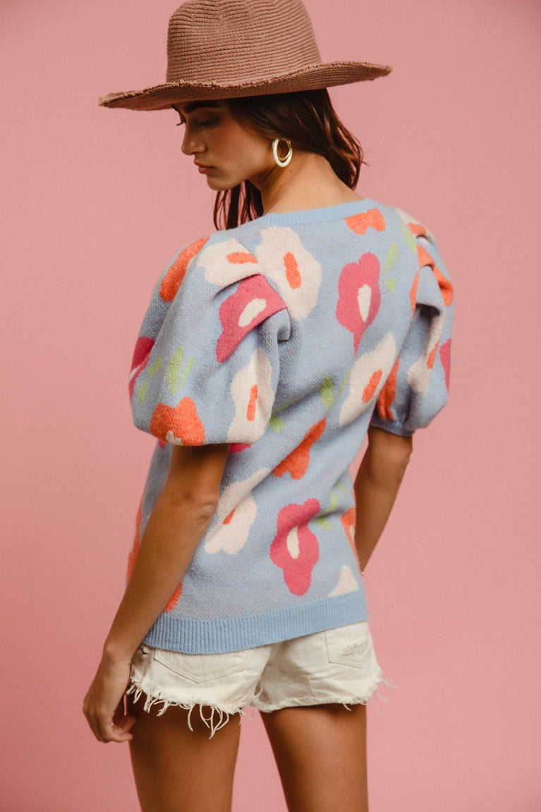 Floral Pattern Puff Sleeve Sweater
