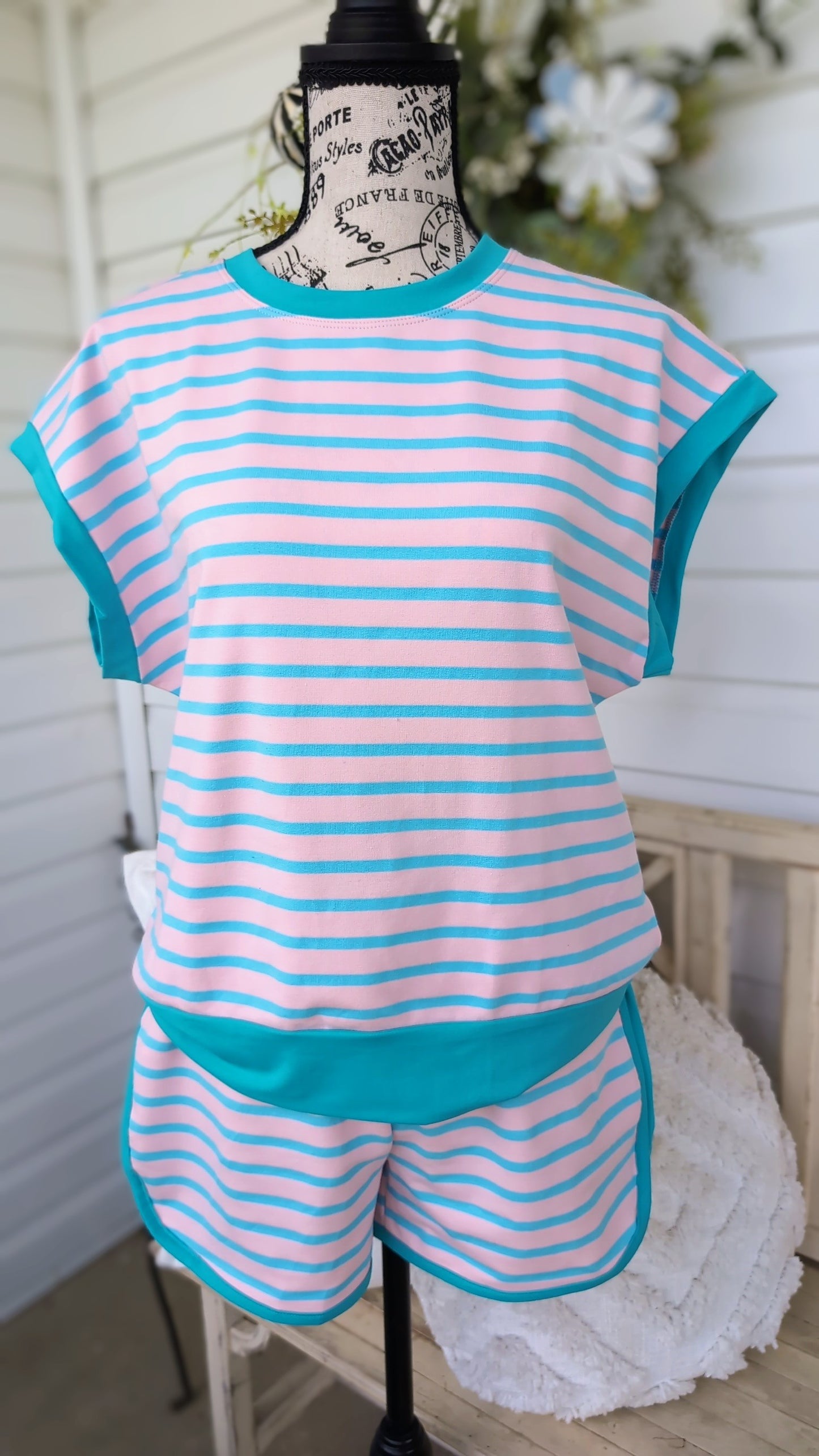 Pink and Teal striped short set