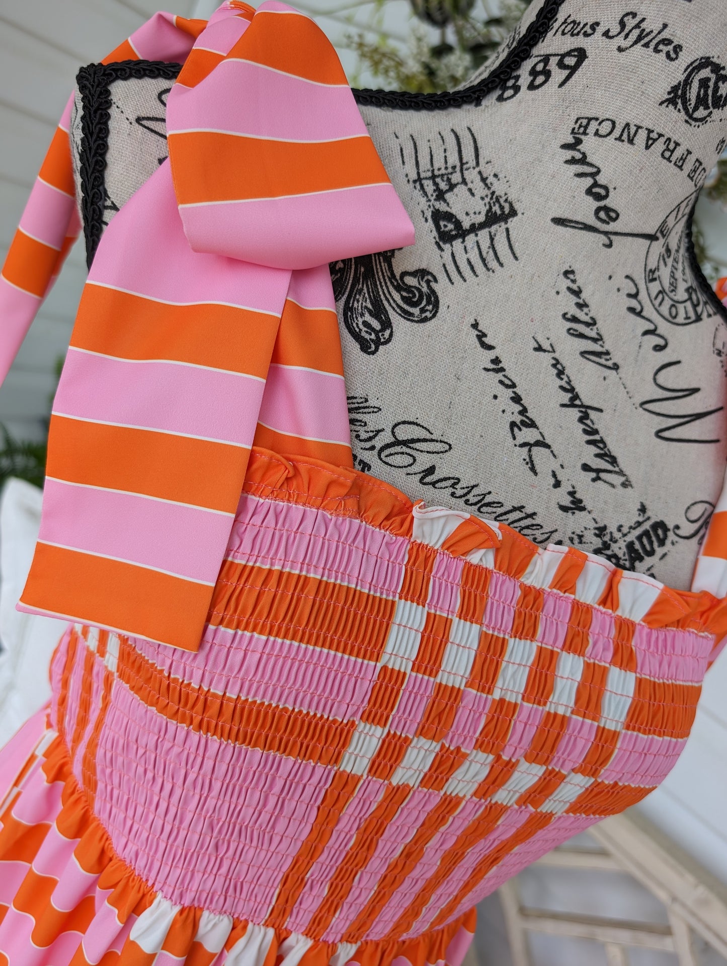 Pink and orange checkered maxi dress