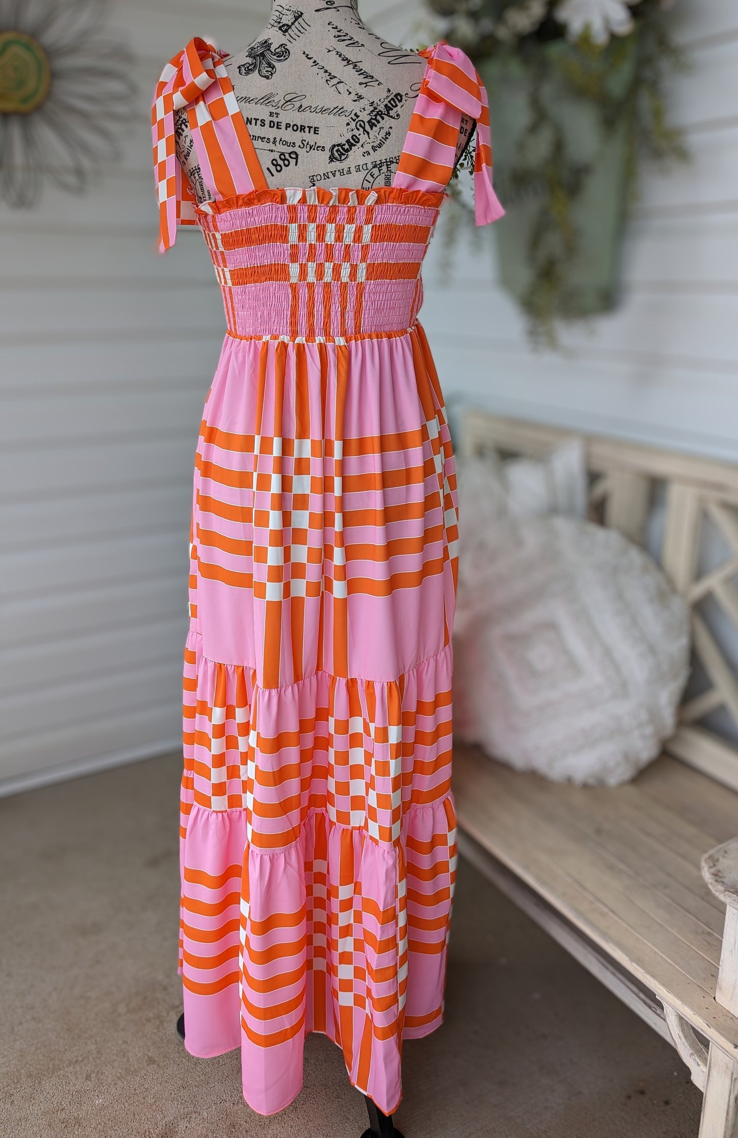 Pink and orange checkered maxi dress