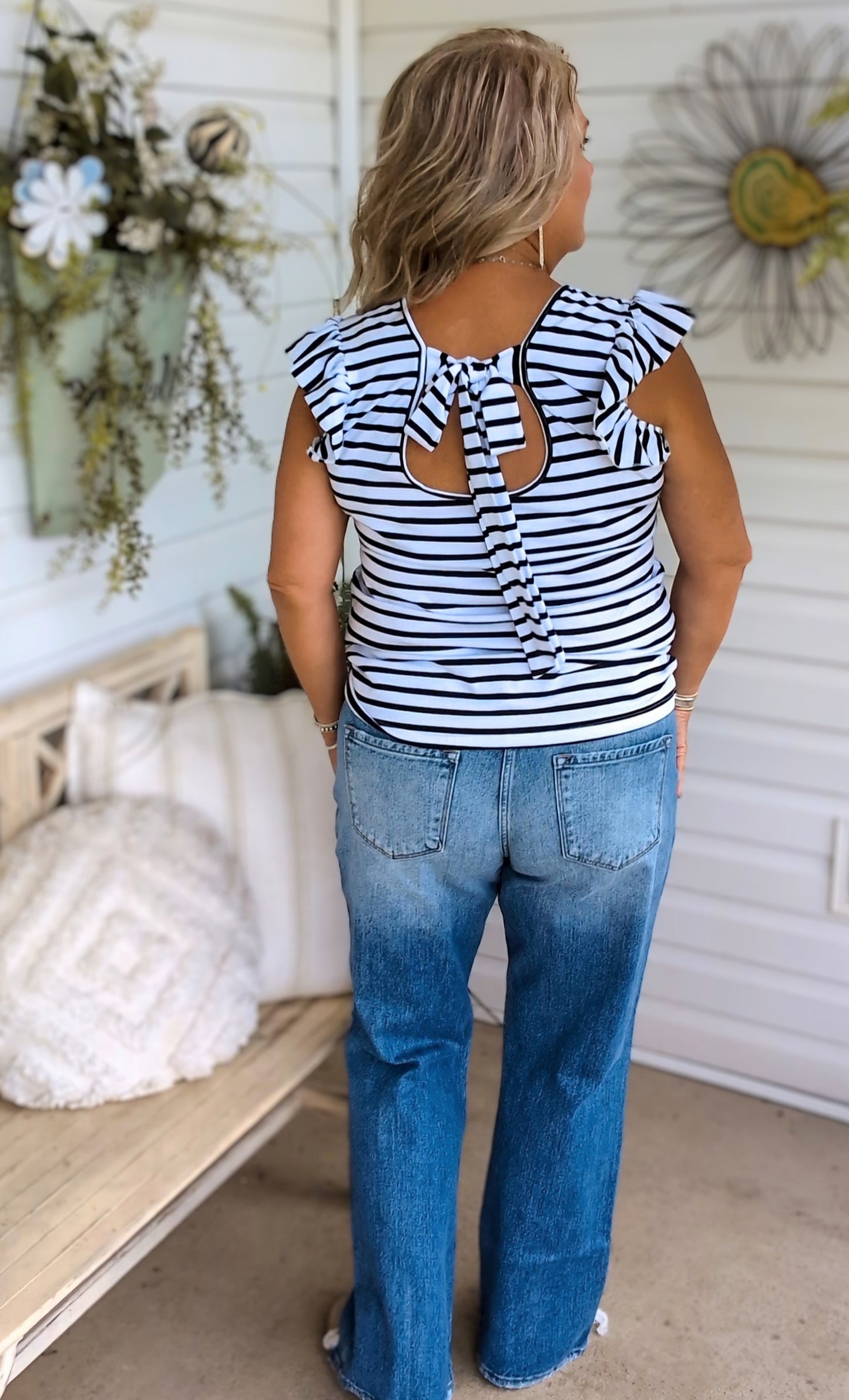Ruffle sleeve tie back striped top