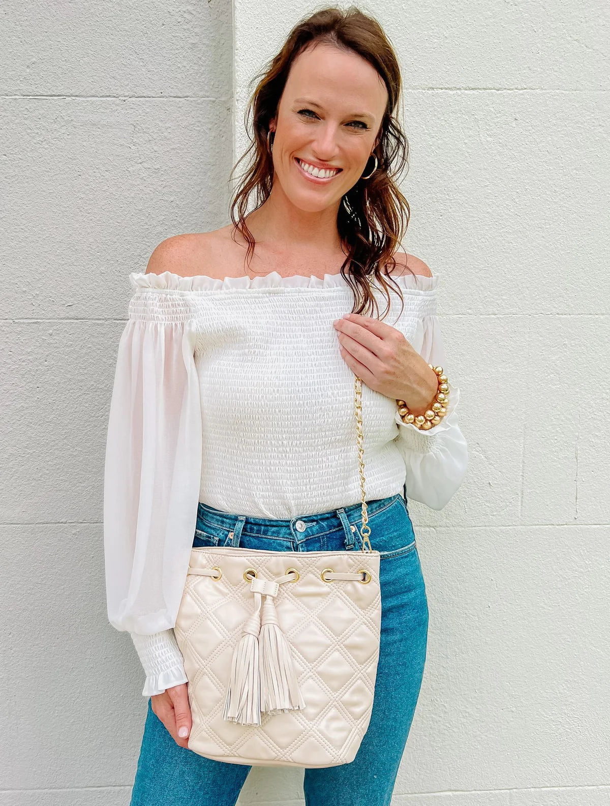 Estelle Cream Quilted Bucket Bag
