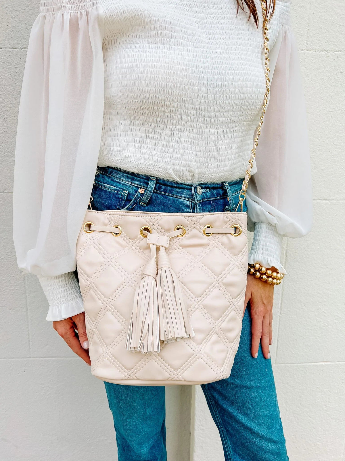 Estelle Cream Quilted Bucket Bag