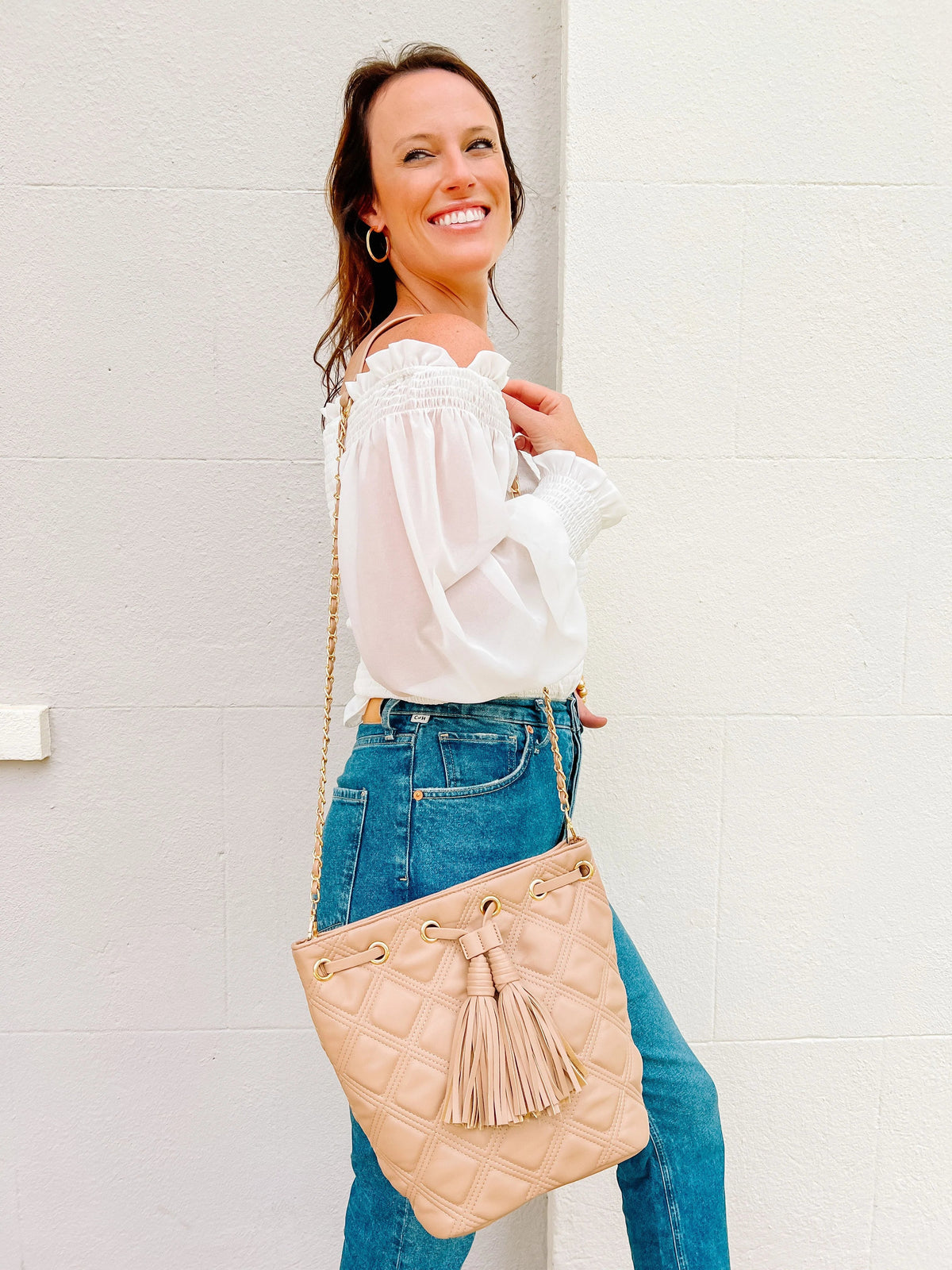Estelle Taupe Quilted Bucket Bag