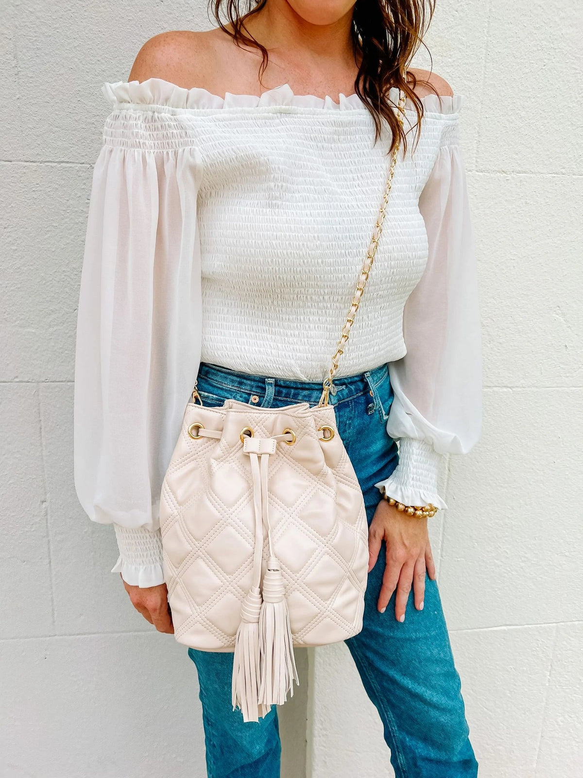 Estelle Cream Quilted Bucket Bag