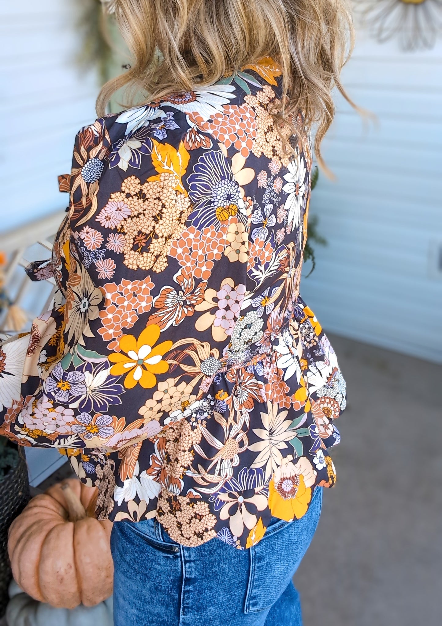 Floral Print Tie Front Puff Sleeve Babydoll Blouse