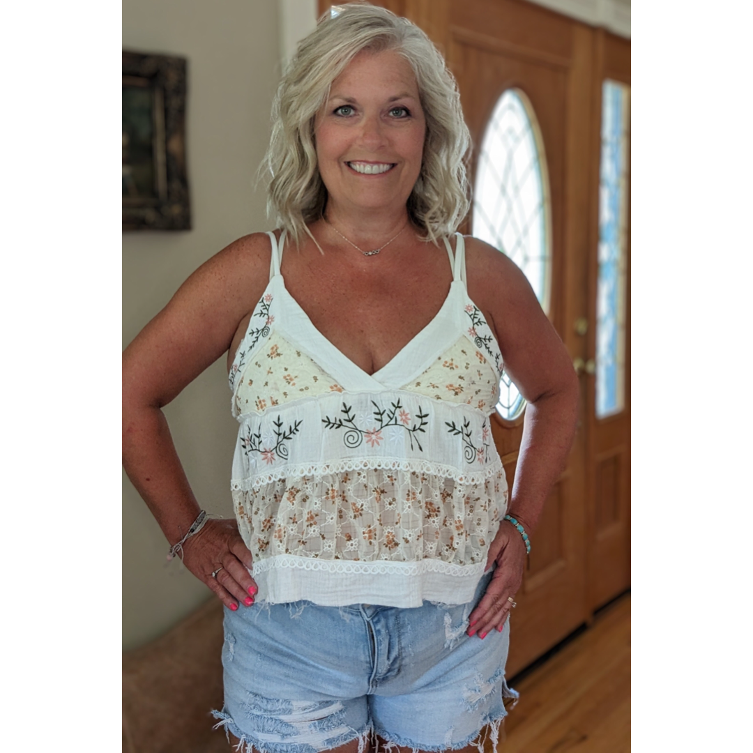 Embroidered Ruffled Tank Top by POL