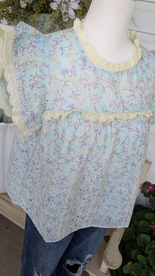 Blue Eyelet Floral Top