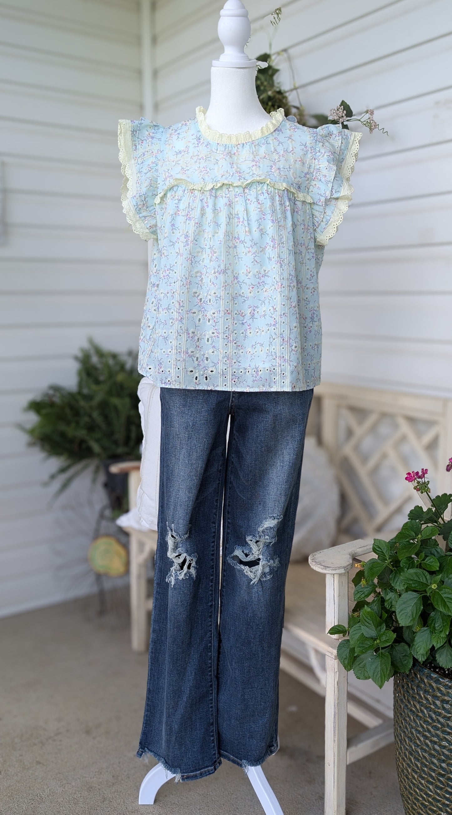Blue Eyelet Floral Top