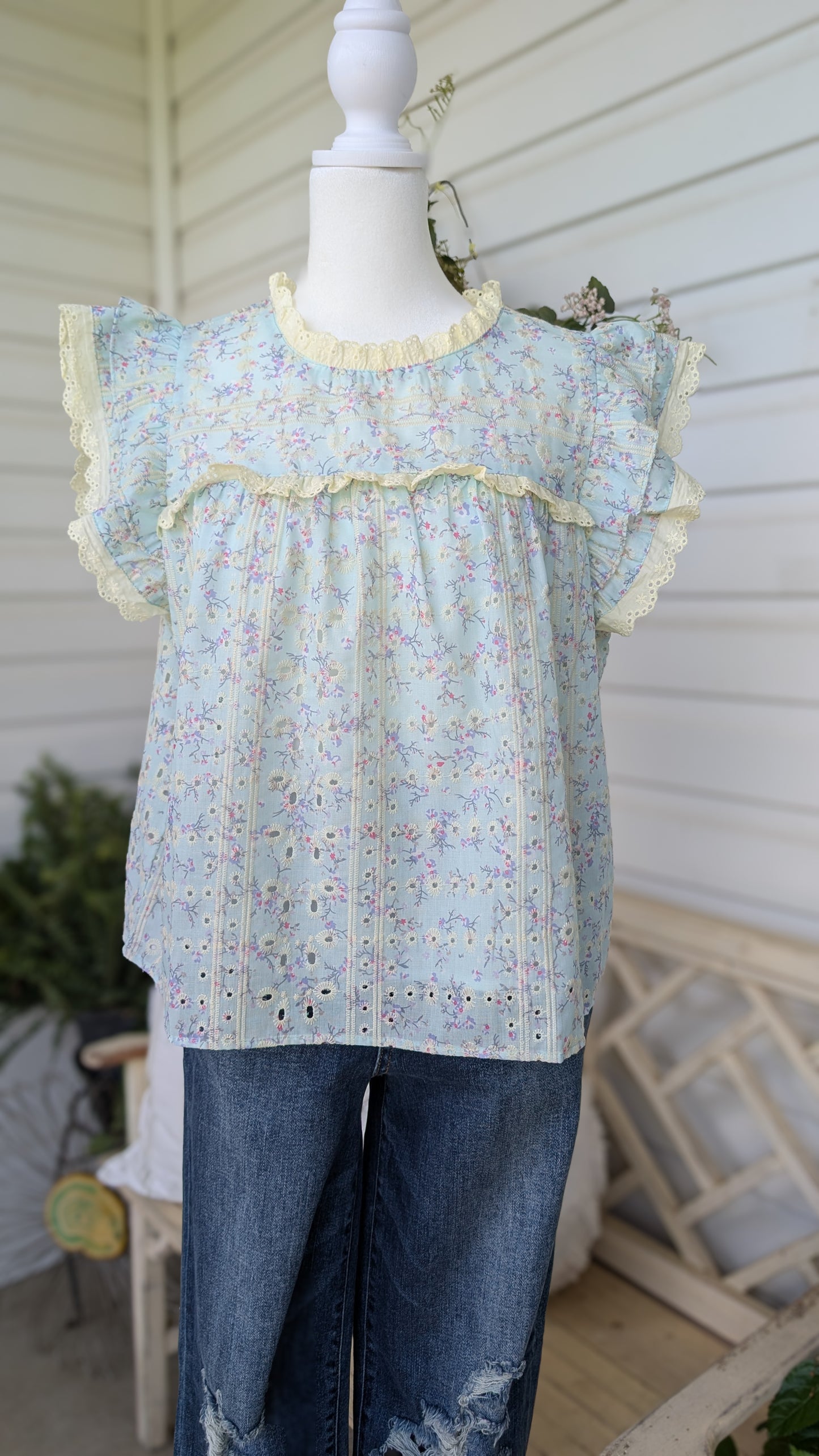 Blue Eyelet Floral Top