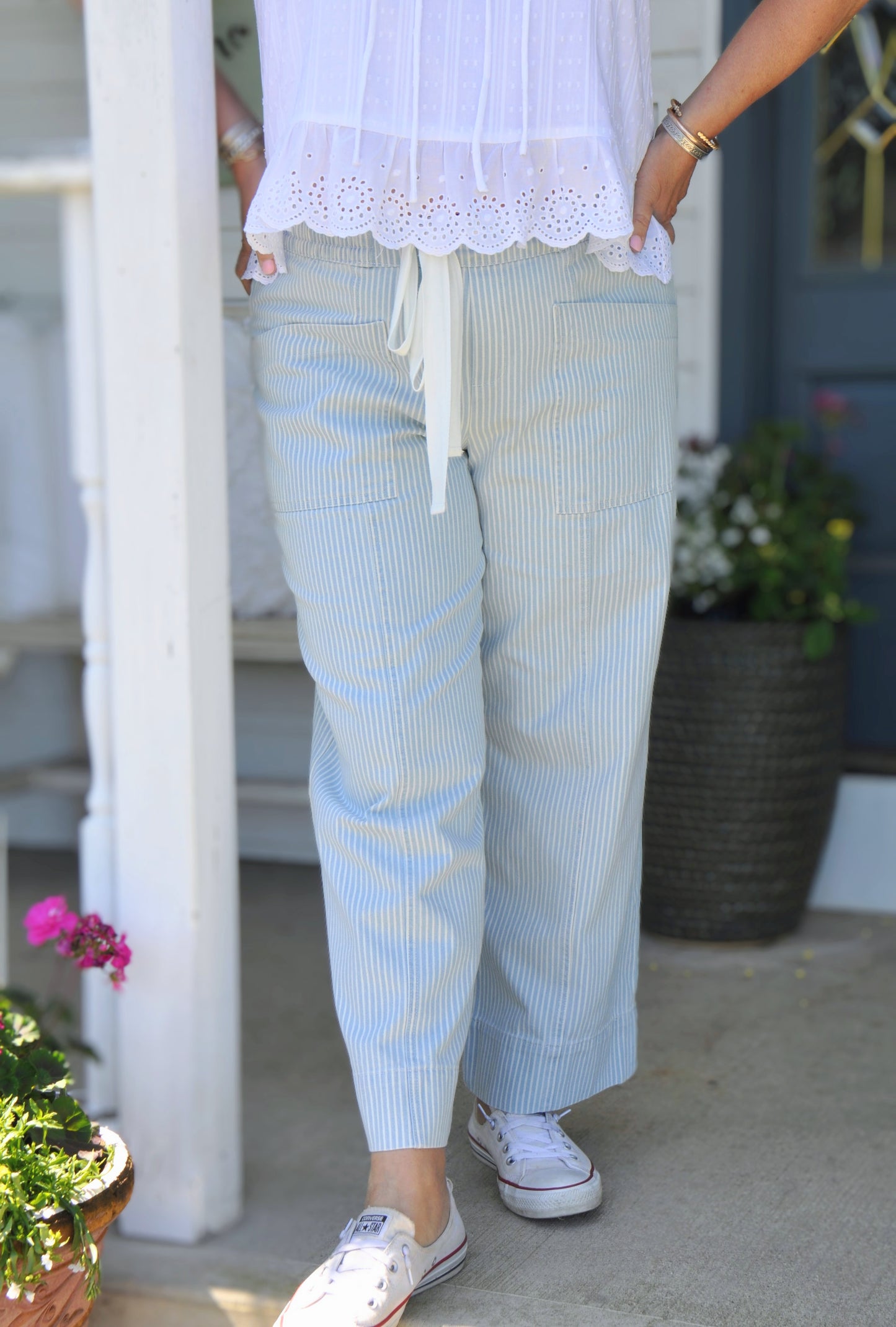 Blue Stripe Drawstring Waist Pants